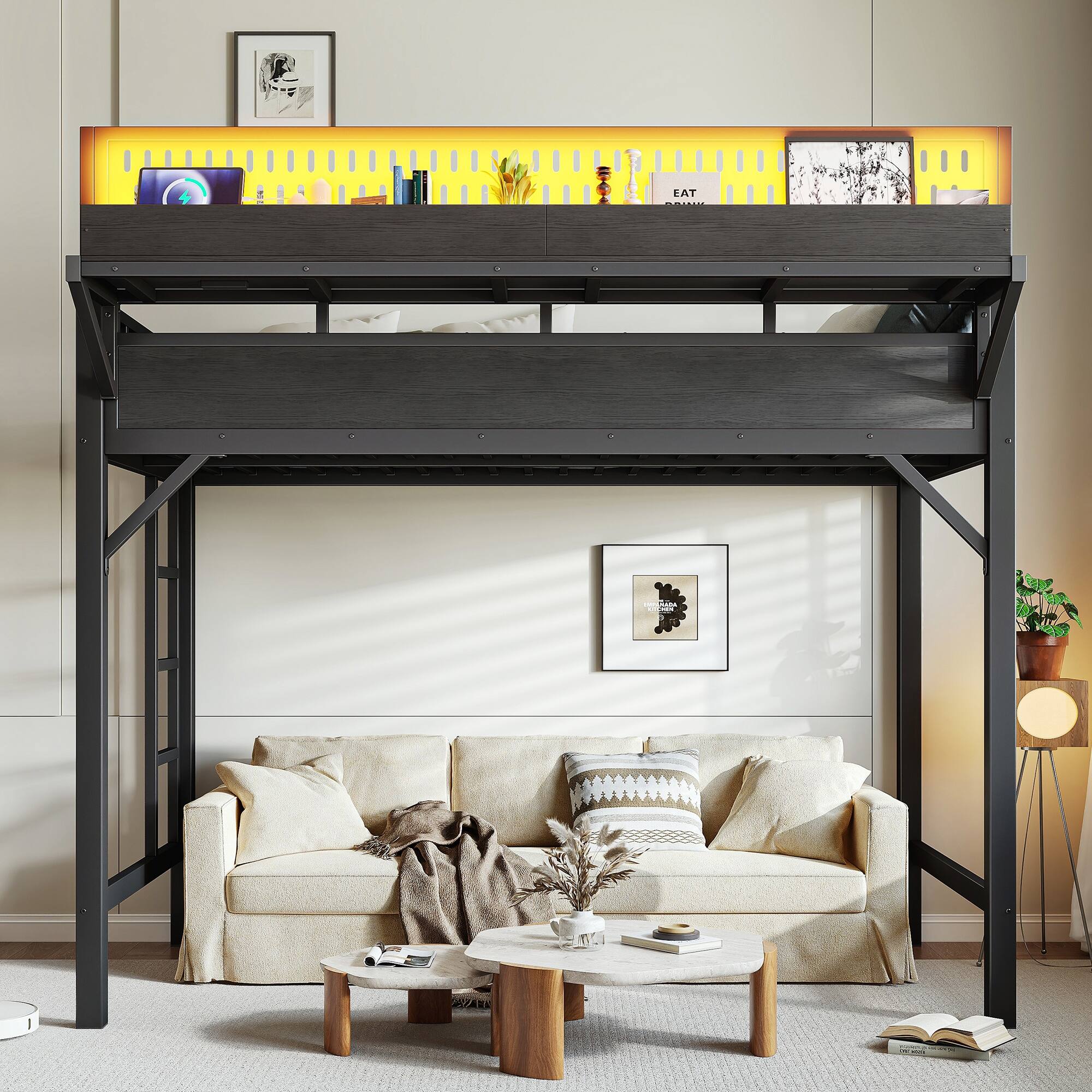 Alt View 1. Boyel Living - Twin XL Size Loft Bed Frame with Storage Shelves and Pegboard Metal Loft Bed - Black.