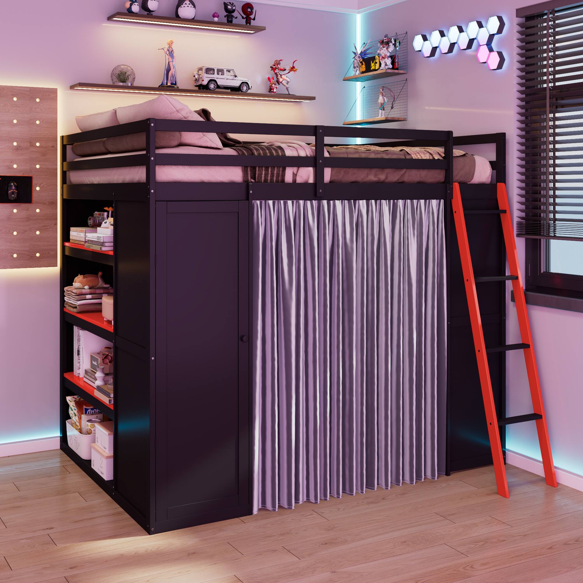 Angle. Anysun - Full Size Wood Loft Bed with,Wardrobe,Shelves,Blackout Curtains,and RGB Lights - Red.