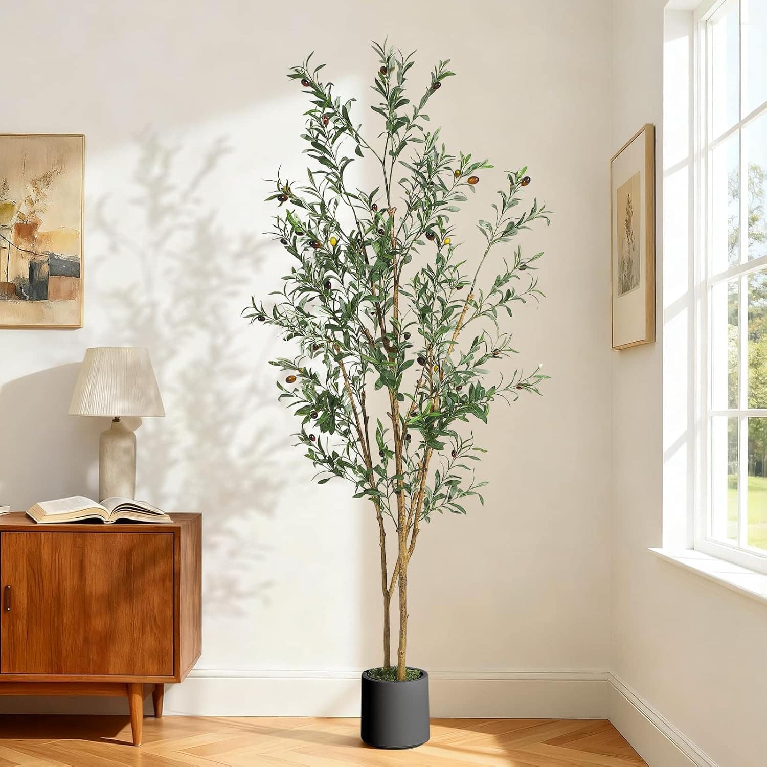 Homhougo - Olive Artificial Tree 6FT Tall Faux Olive Tree with Black Planter, Real Touch Artificial Plant for Office - Green