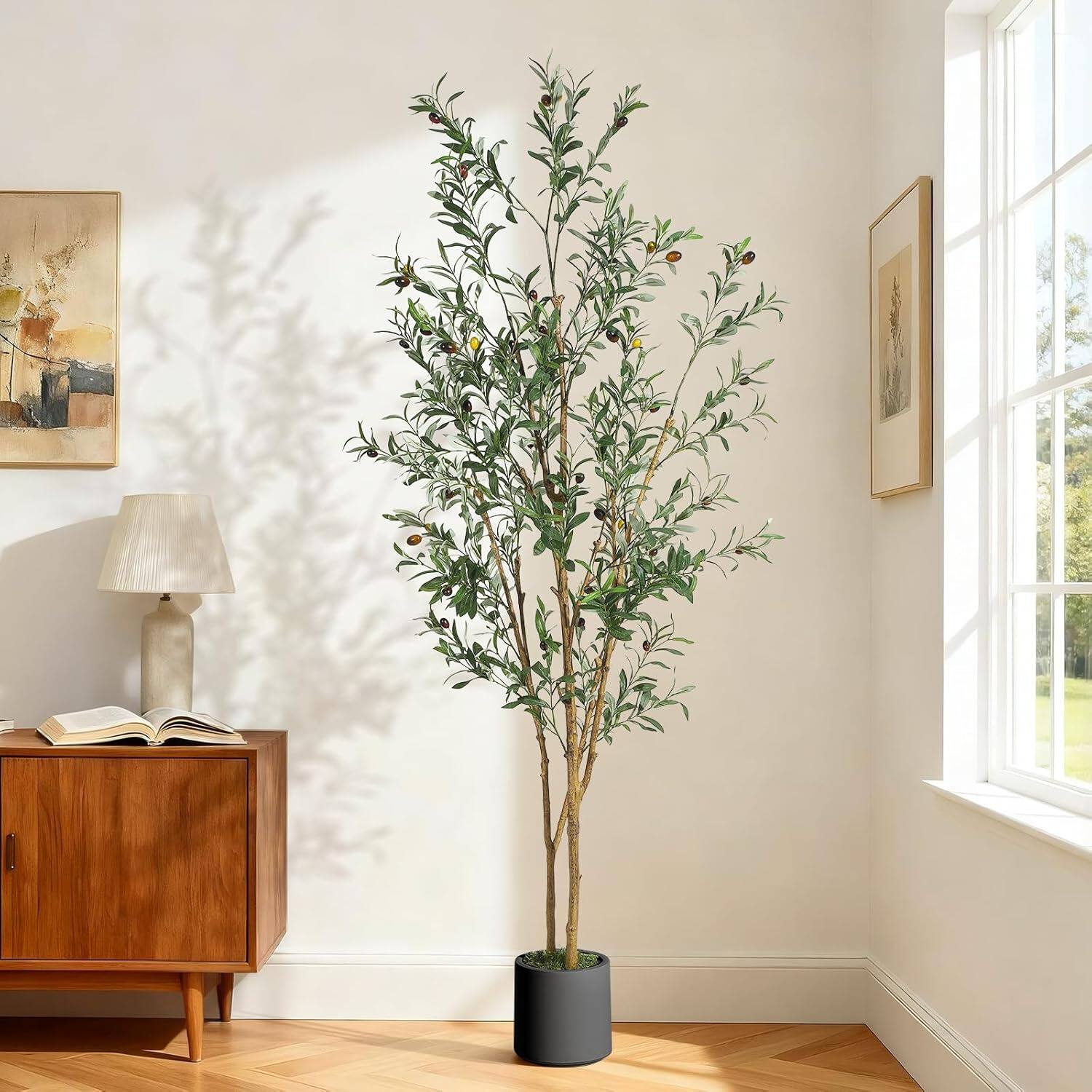 Front. Homhougo - Olive Artificial Tree 6FT Tall Faux Olive Tree with Black Planter, Real Touch Artificial Plant for Office - Green.