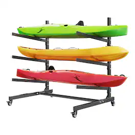 VEVOR - Kayak Storage Rack for 3 Kayaks, Holds 200 lbs, Heavy Duty Adjustable Freestanding Stand with Lockable Wheels - Black