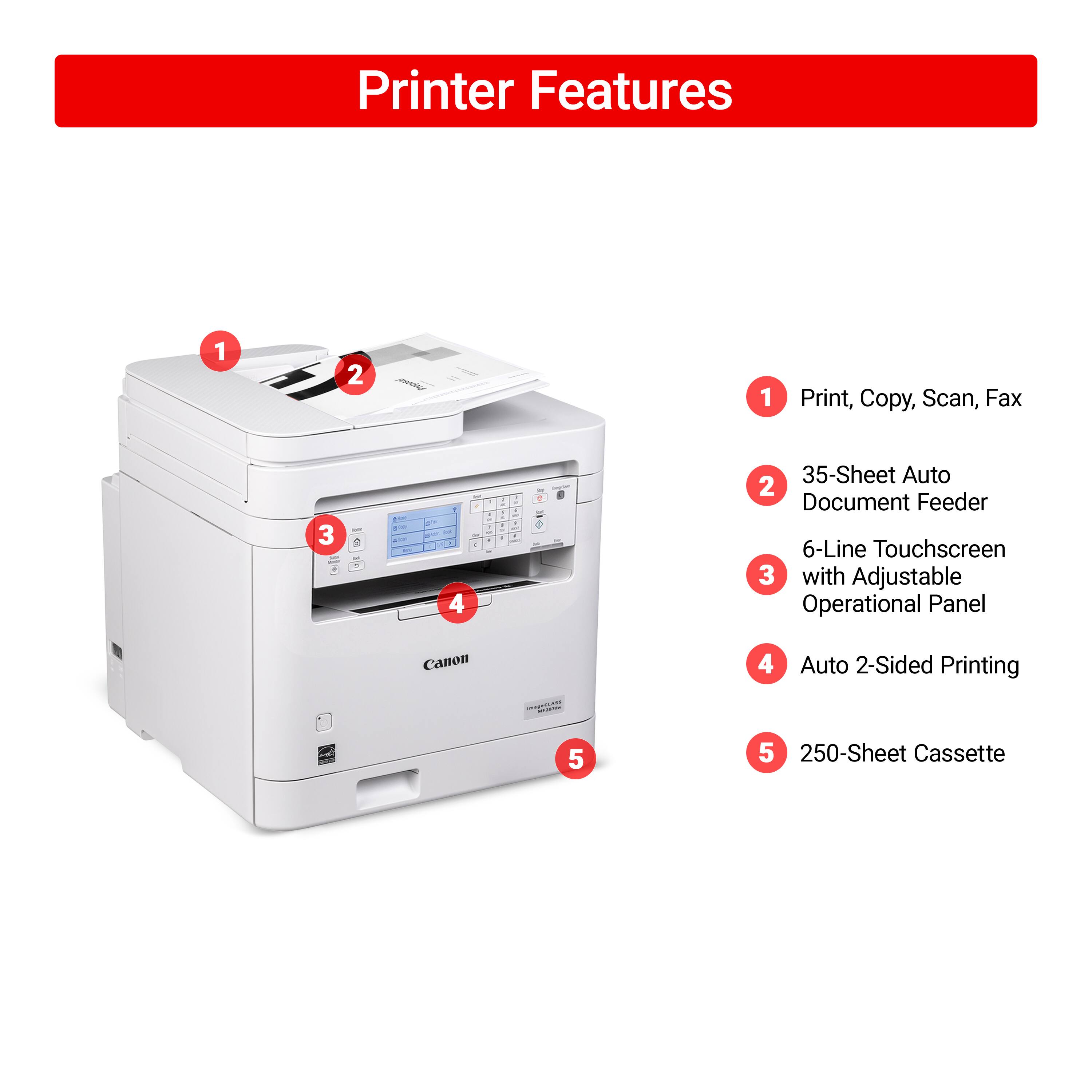 Printer Features:

1. Print, Copy, Scan, Fax
2. 35-Sheet Auto Document Feeder
3. 6-Line Touchscreen with Adjustable Operational Panel
4. Canon
5. Auto 2-Sided Printing
6. 250-Sheet Cassette