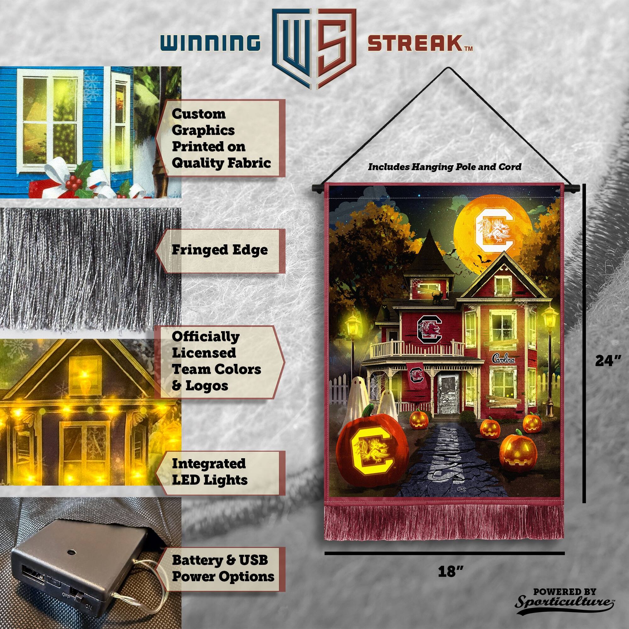 WINNING Custom Graphics Printed on Quality Fabric  
5 STREAK™  
Includes Hanging Pole and Cord  
Fringed Edge  
Officially Licensed Team Colors & Logos  
C Cordra  
24" Integrated LED Lights  
Battery & USB Power Options  
18"  
POWERED BY Sporticulture