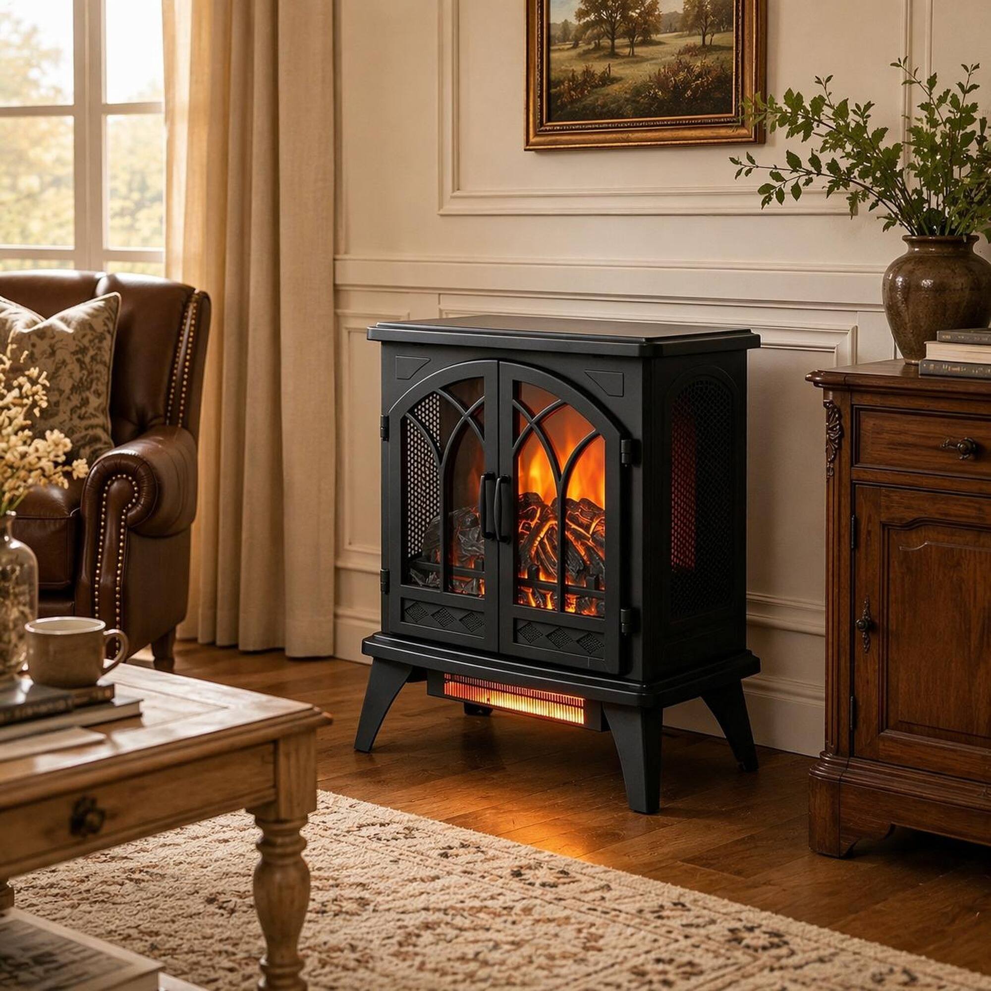 Left. RYHNUYNE - 24 Inch 3D Flame Electric Infrared Quartz Fireplace Stove with Remote Control for Living Room Bedroom Home Office - Antique Black.