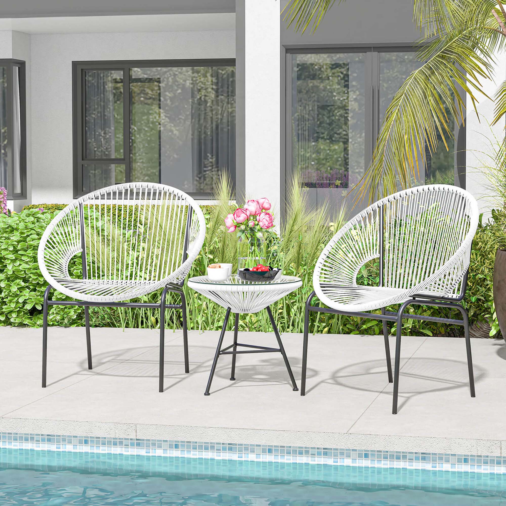 Alt View 3. Costway - 3 PCS Patio Acapulco Furniture Bistro Set Plastic Rope Glass Table - White.