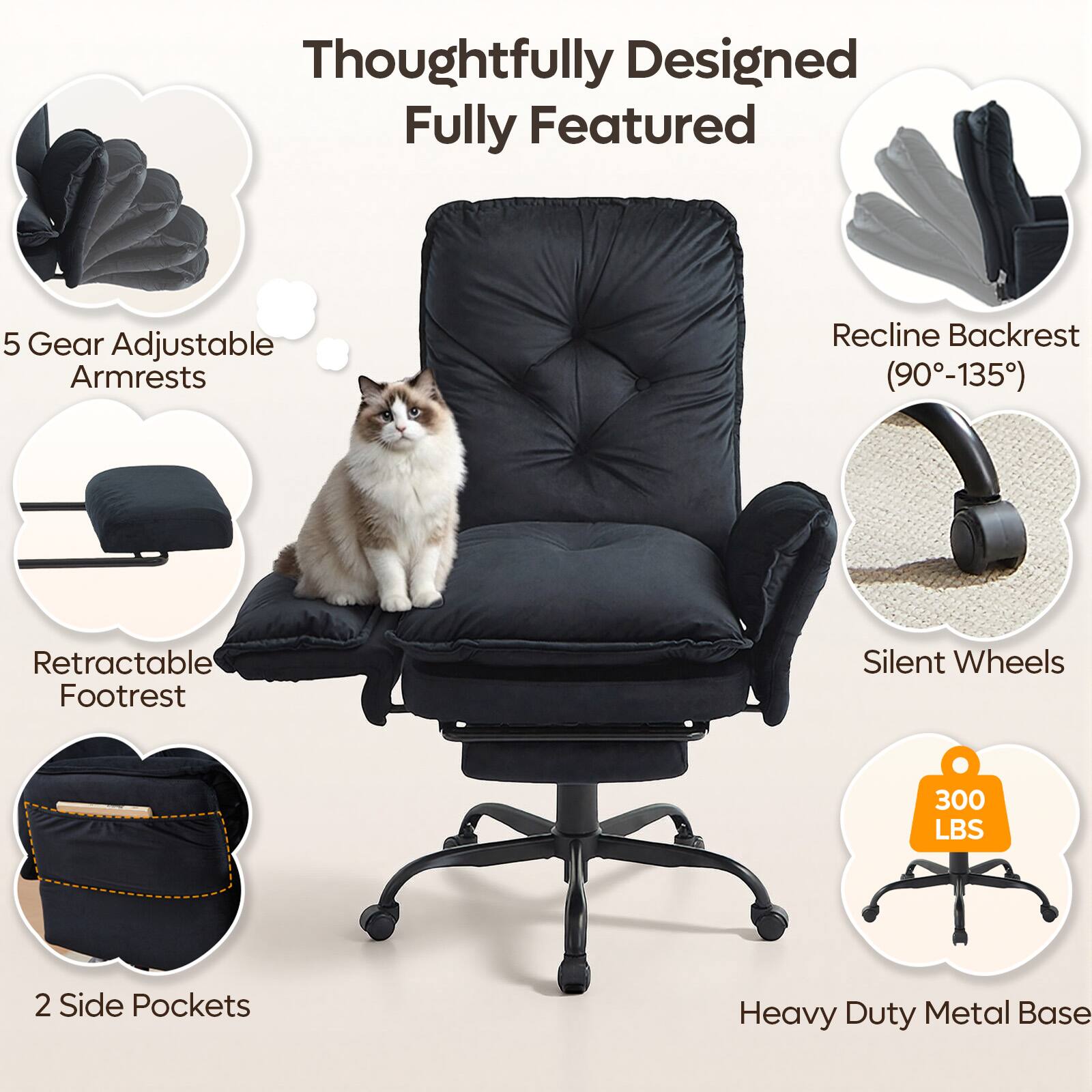 Thoughtfully Designed Fully Featured  
5 Gear Adjustable Armrests  
Recline Backrest (90°-135°)  
Retractable Footrest  
Silent Wheels  
300 LBS  
2 Side Pockets  
Heavy Duty Metal Base