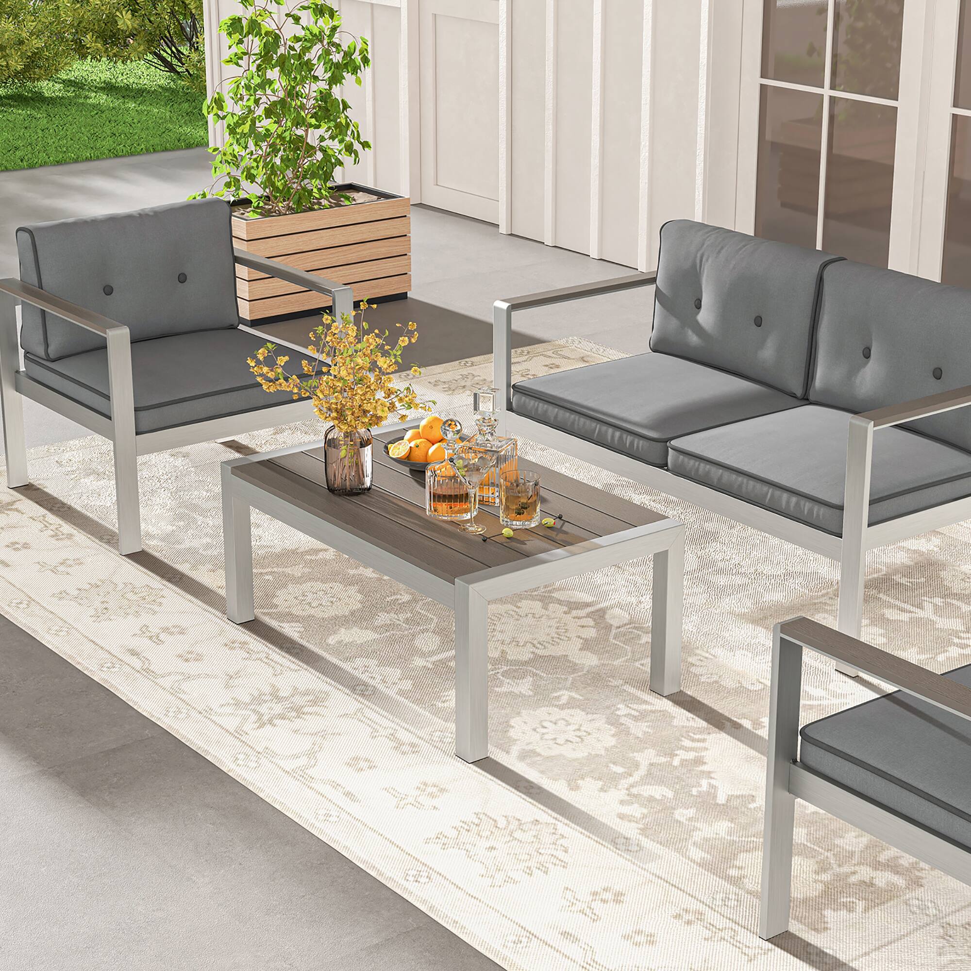 Alt View 4. Gymax - Gymax 2 Pieces Outdoor Aluminum Loveseat & Coffee Table Set w/ Cushions Patio Furniture Set - Gray, Silver.