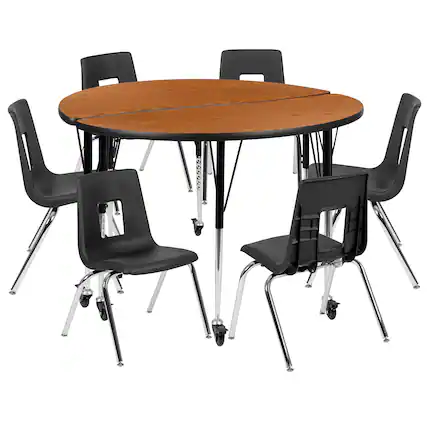 Front. Flash Furniture - Emmy Mobile 47.5" Circle Wave Flexible Laminate Activity Table Set with 16" Student Stack Chairs, Oak/Black - Brown.