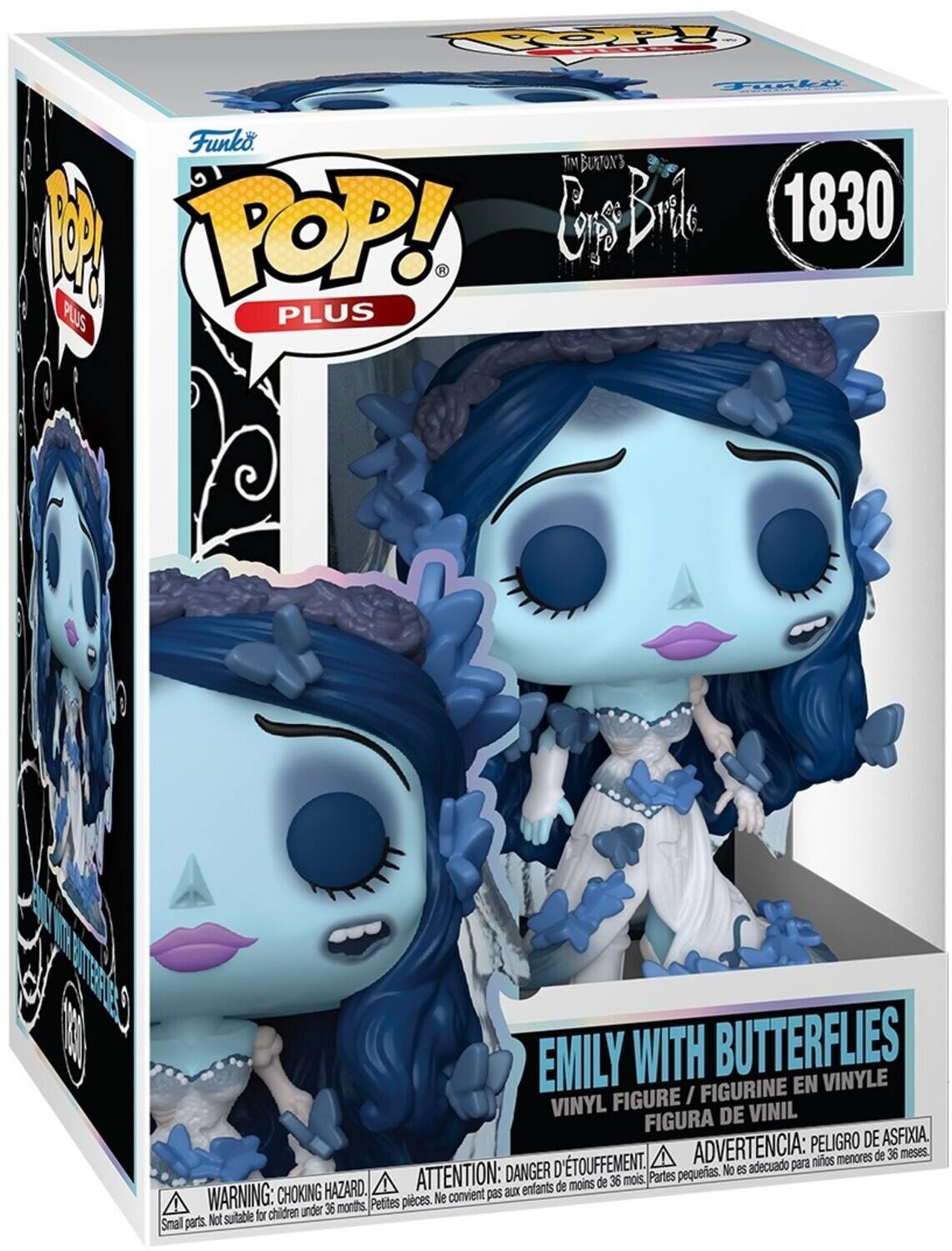 Sure, here is the corrected and grouped text from the image:

---

**Funko POP! PLUS**

**1830**

**EMILY WITH BUTTERFLIES**

**VINYL FIGURE / FIGURINE EN VINYLE / FIGURA DE VINIL**

**WARNING: CHOKING HAZARD. Small parts. Not suitable for children under 36 months.**

**ATTENTION: DANGER D'ÉTOUFFEMENT. Petites pièces. Ne convient pas aux enfants de moins de 36 mois.**

**ADVERTENCIA: PEORO DE ASFIXIA. Partes pequeñas. No es adecuado para niños menores de 36 meses.**

---

This text is from the packaging of the Funko Pop! Plus figure of Emily with Butterflies from Tim Burton's Corpse Bride.