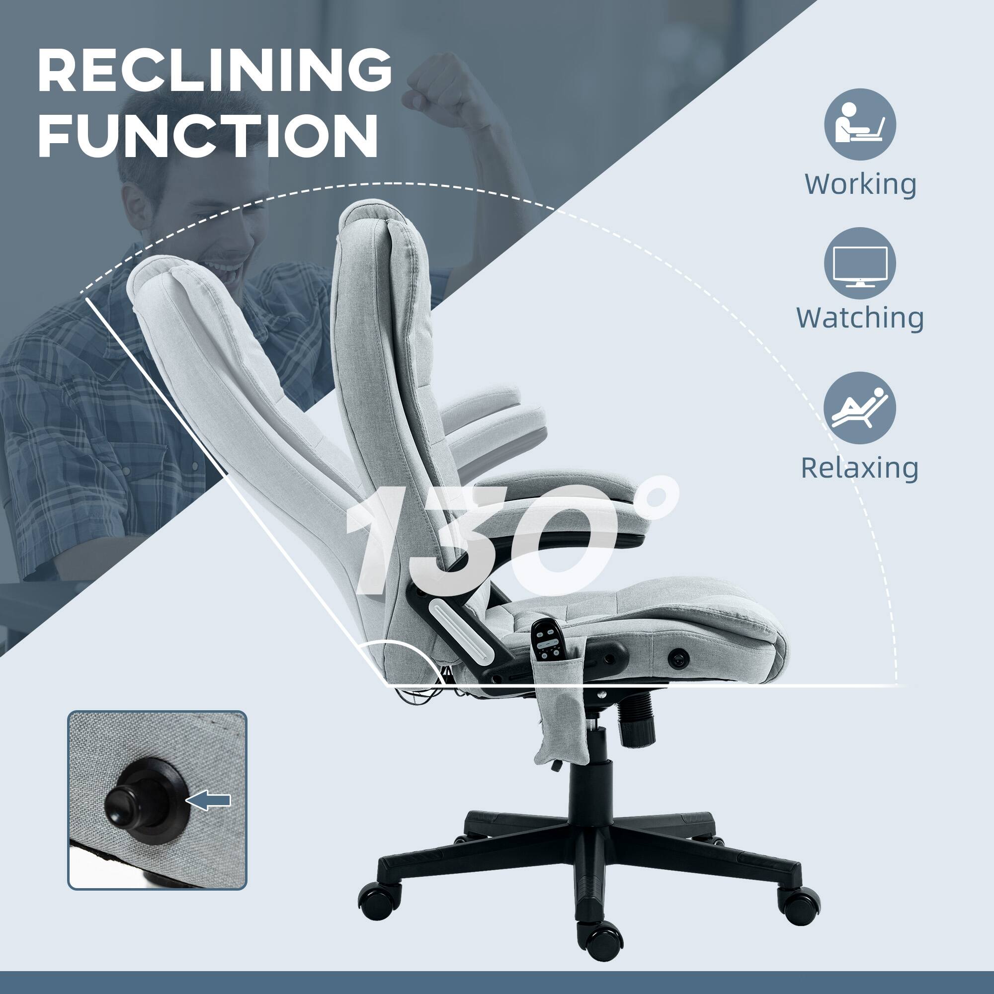 RECLINING FUNCTION

130°

Working  
Watching  
Relaxing