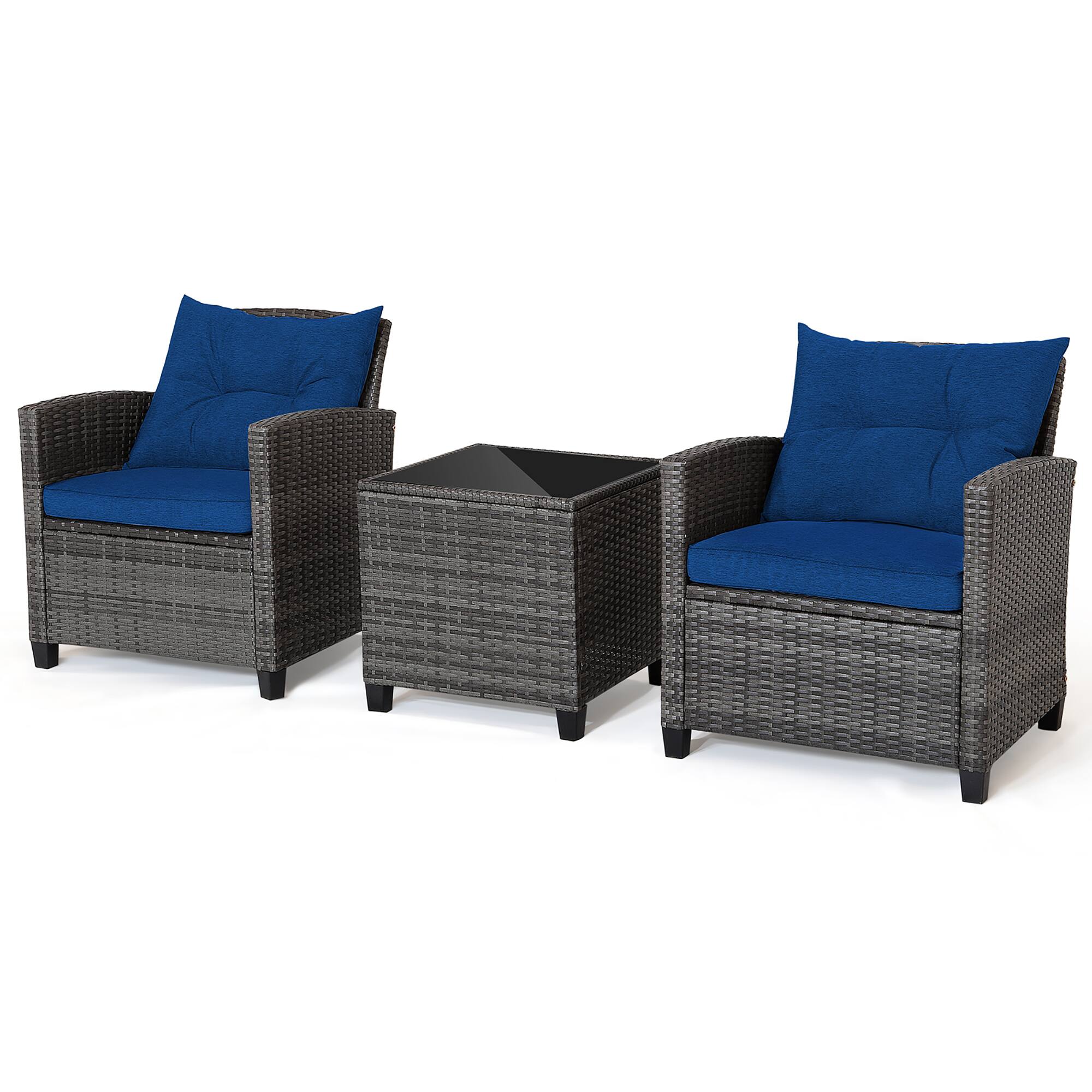 Alt View 8. Gymax - Gymax 3PCS Patio Rattan Sofa Set Outdoor Wicker Conversation Set Glass Tabletop w/ Navy Cushion - Navy.