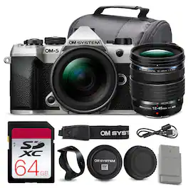 Bundle - OM System - OM-5 Mark II Mirrorless Camera with 12-45mm f/4 PRO Lens + 64GB Card + Battery - Silver Advanced