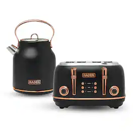 Haden - Heritage 4 Slice Wide Slot Toaster & Electric Kettle, Black & Copper - Black / Copper