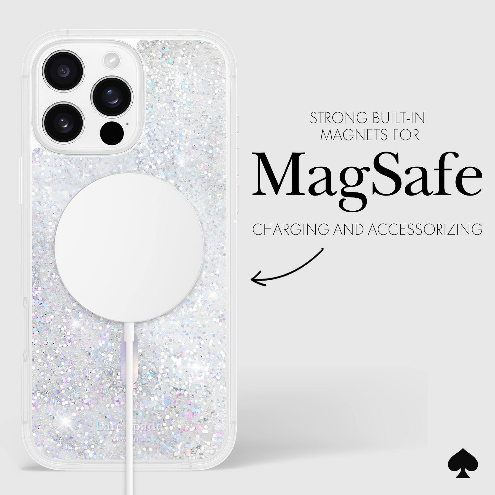 The text on the image reads: "Strong built-in magnets for MagSafe charging and accessorizing."