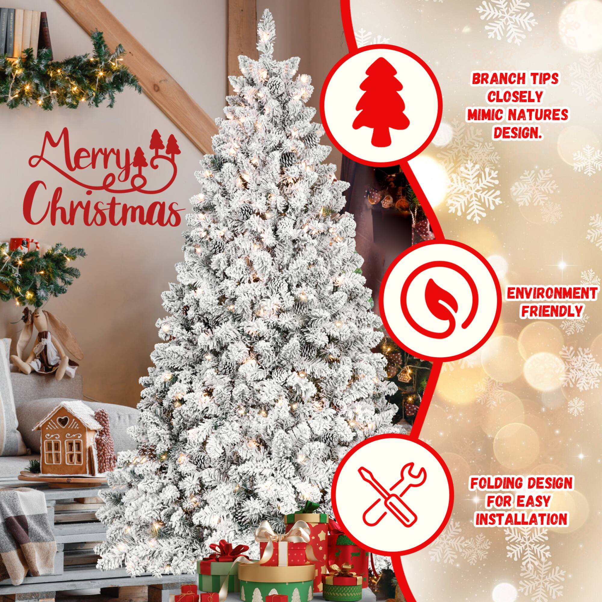 Angle. ELEMENT ACE - 6-Foot Snow-Flocked Artificial Christmas Tree with Built-in Pine Cones and Pre-Lit LED Lights for Festive Holiday Decor - Green,White.