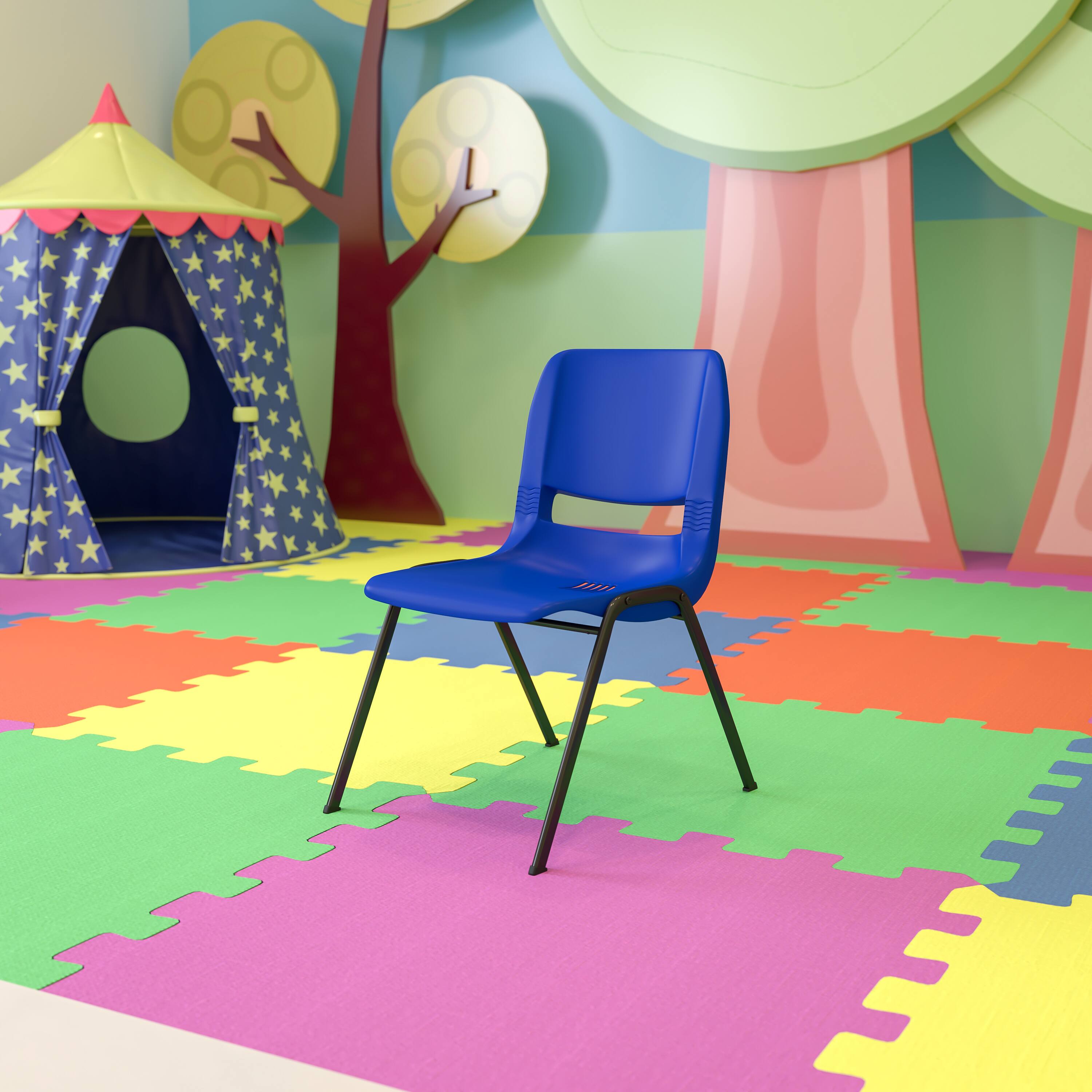 Alt View 1. Emma + Oliver - Ergonomic Kid's Shell Stack Chair - 14" Seat Daycare Home School - Navy Plastic/Black Frame.
