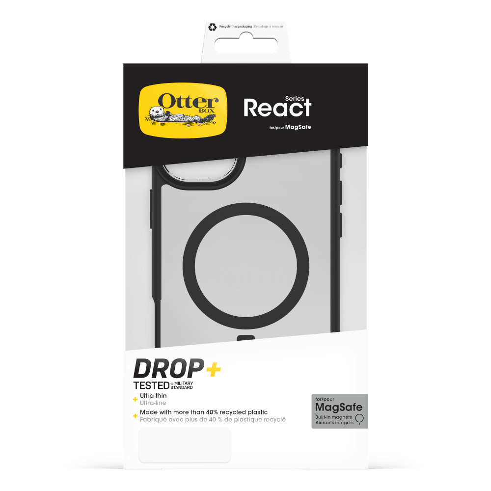 - Facycle to packaging Embalage & recycler
- Otter Series BOX React for/pour MagSafe
- DROP+ to MILITARY TESTED STANDARD Ultra-thin + Ultra-fine Made with more than 40% recycled plastic + Fabriqu avec plus de 40 % de plastique recyclé
- for/pour MagSafe Built-in magnets Aimants intégrés