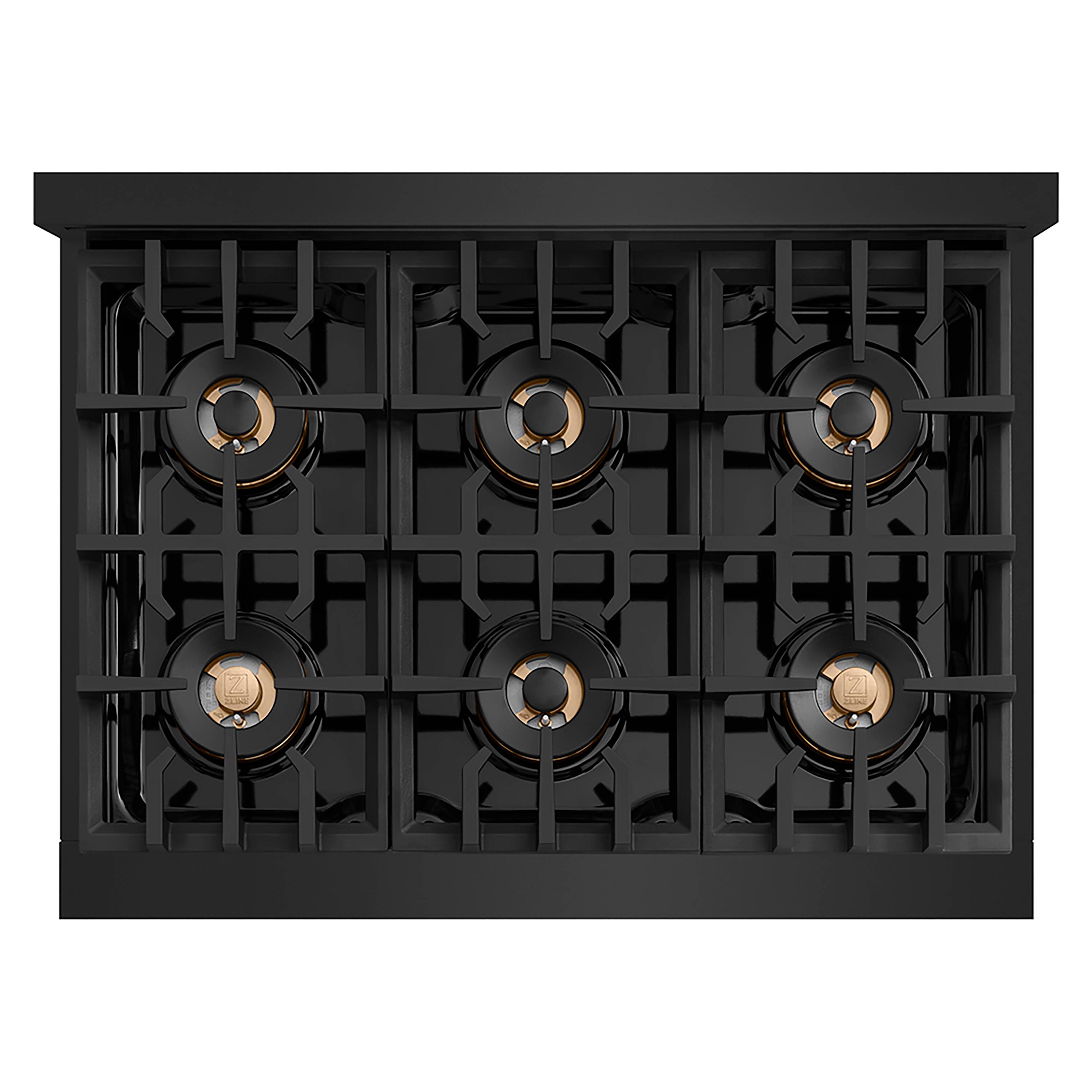 Angle. ZLINE - ZLINE Autograph 36 in. Black Stainless Classic Rangetop with 6 DuoPro Burners and Bronze Accents (PCRTBZ-36-CB) - Black Stainless Steel.
