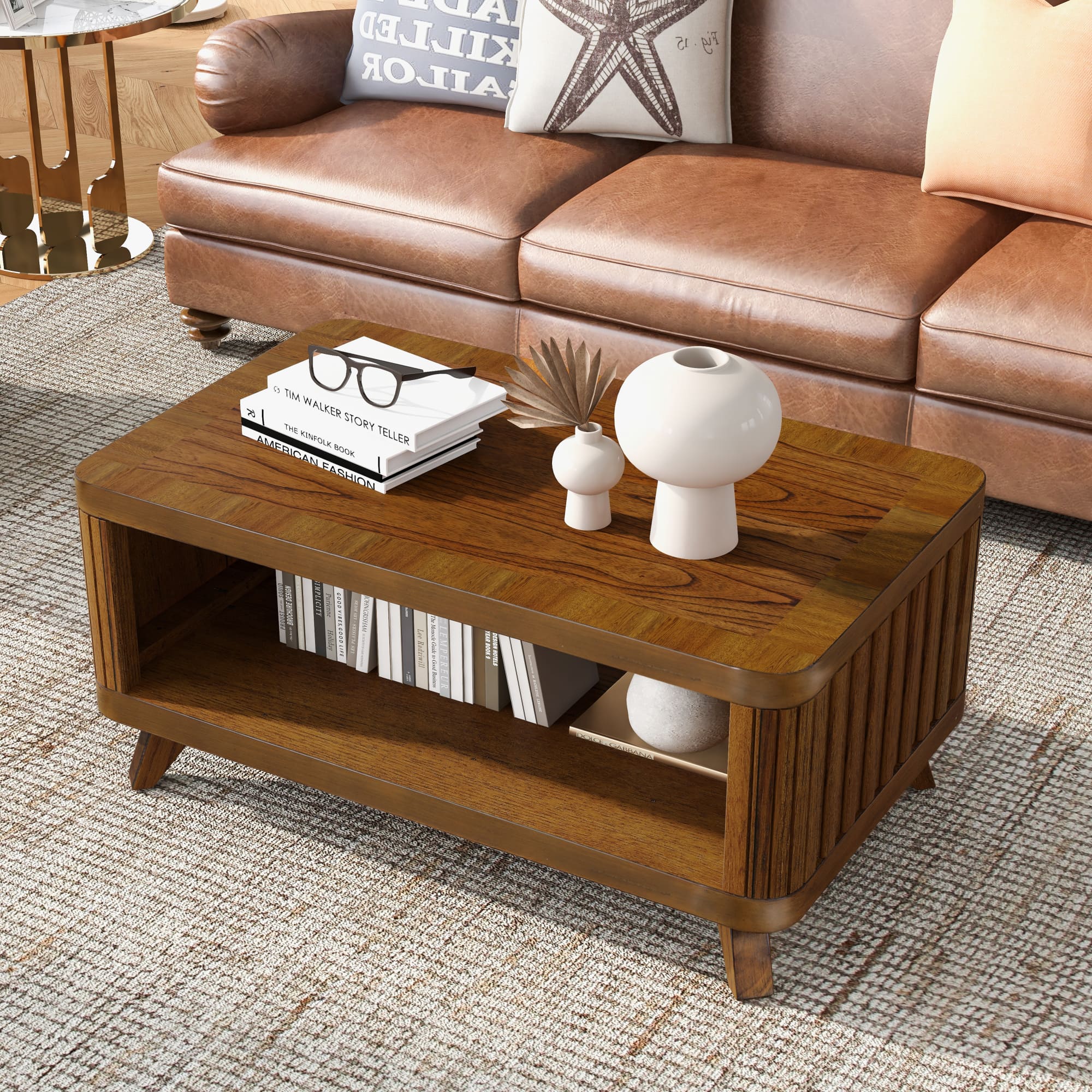 GOODSILO - Rectangular Wood Coffee Table with Solid Legs and Open Storage Shelf for Living Room - Walnut