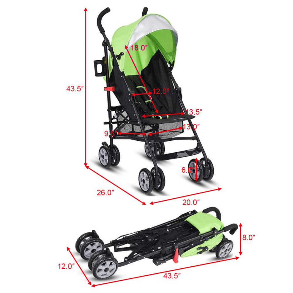 Sure, here is the corrected and grouped text from the image:

- **Stroller Dimensions:**
  - Height: 43.5"
  - Width: 26.0"
  - Depth: 18.0"
  - Seat Height: 12.0"
  - Seat Depth: 13.5"
  - Seat Width: 13.0"
  - Handle Height: 43.5"
  - Wheel Diameter: 6.00"

- **Car Seat Dimensions:**
  - Height: 20.0"
  - Width: 8.0"
  - Depth: 12.0"
  - Overall Length: 43.5"