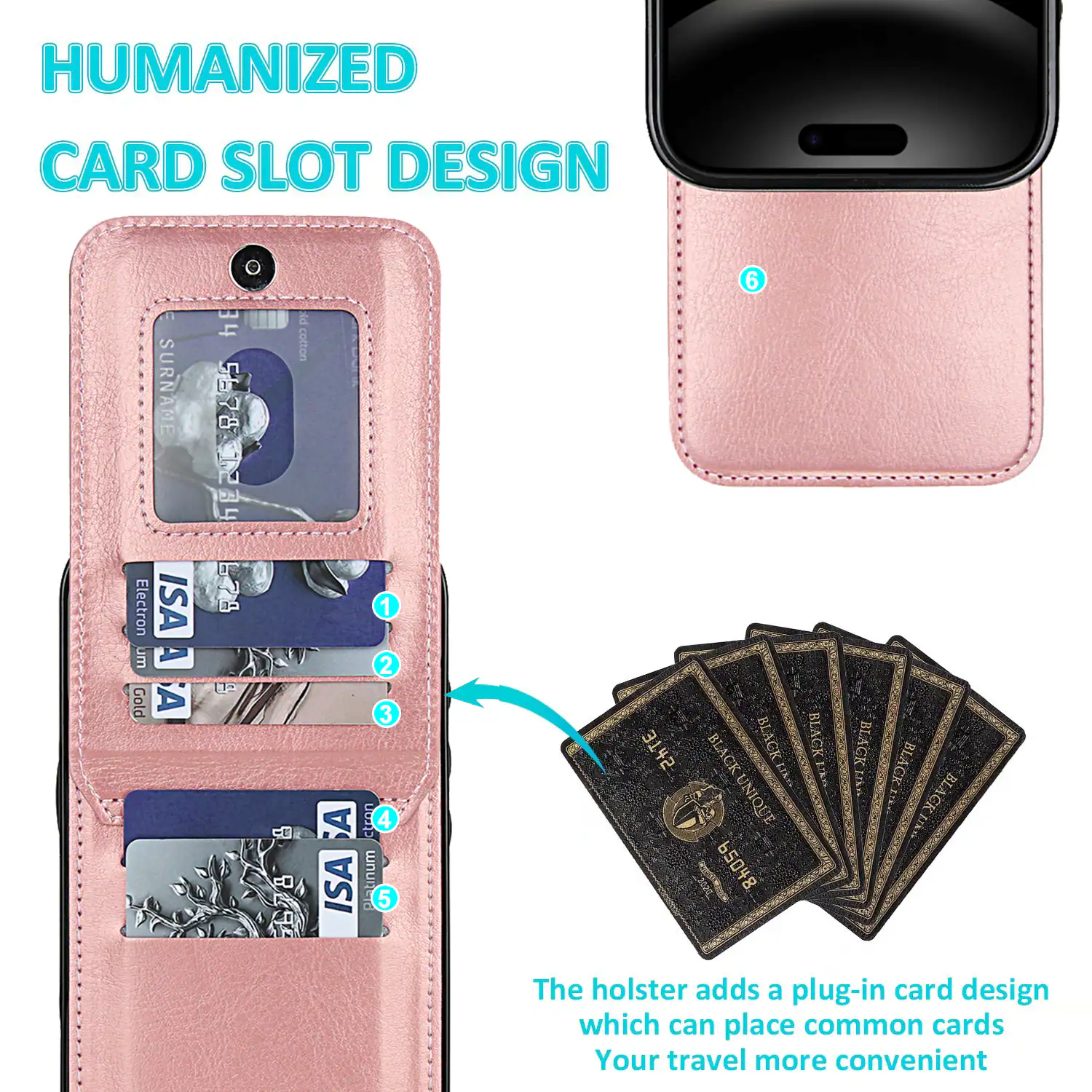 HUMANIZED CARD SLOT DESIGN

The holster adds a plug-in card design which can place common cards, making your travel more convenient.