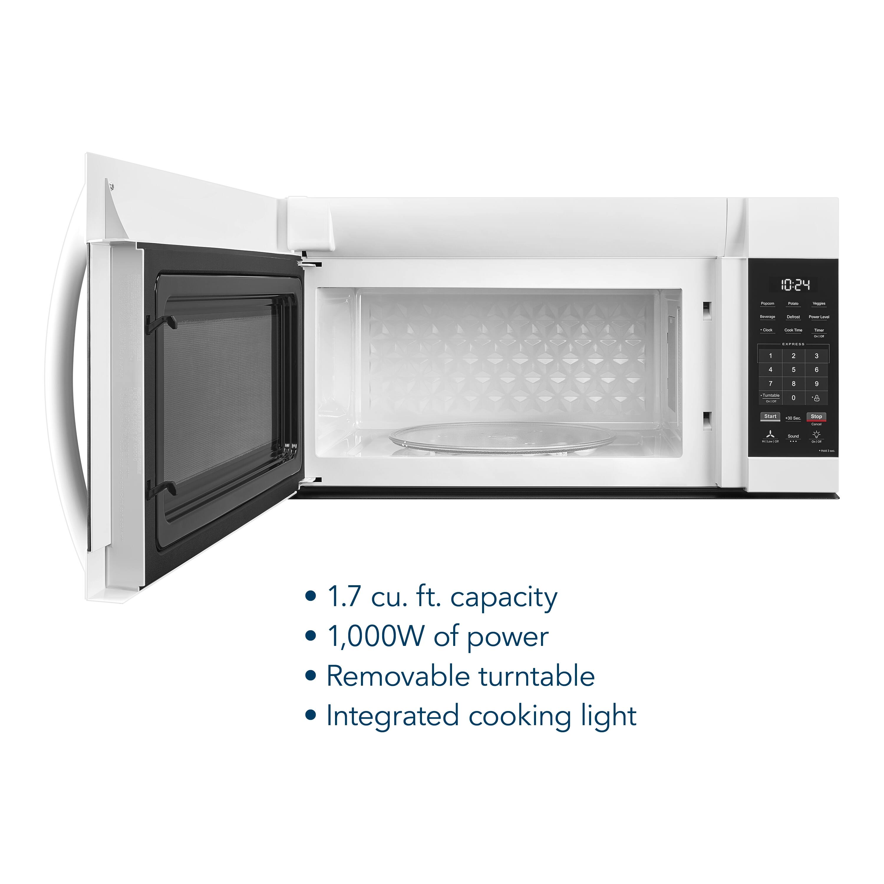 - 1.7 cu. ft. capacity
- 1,000W of power
- Removable turntable
- Integrated cooking light