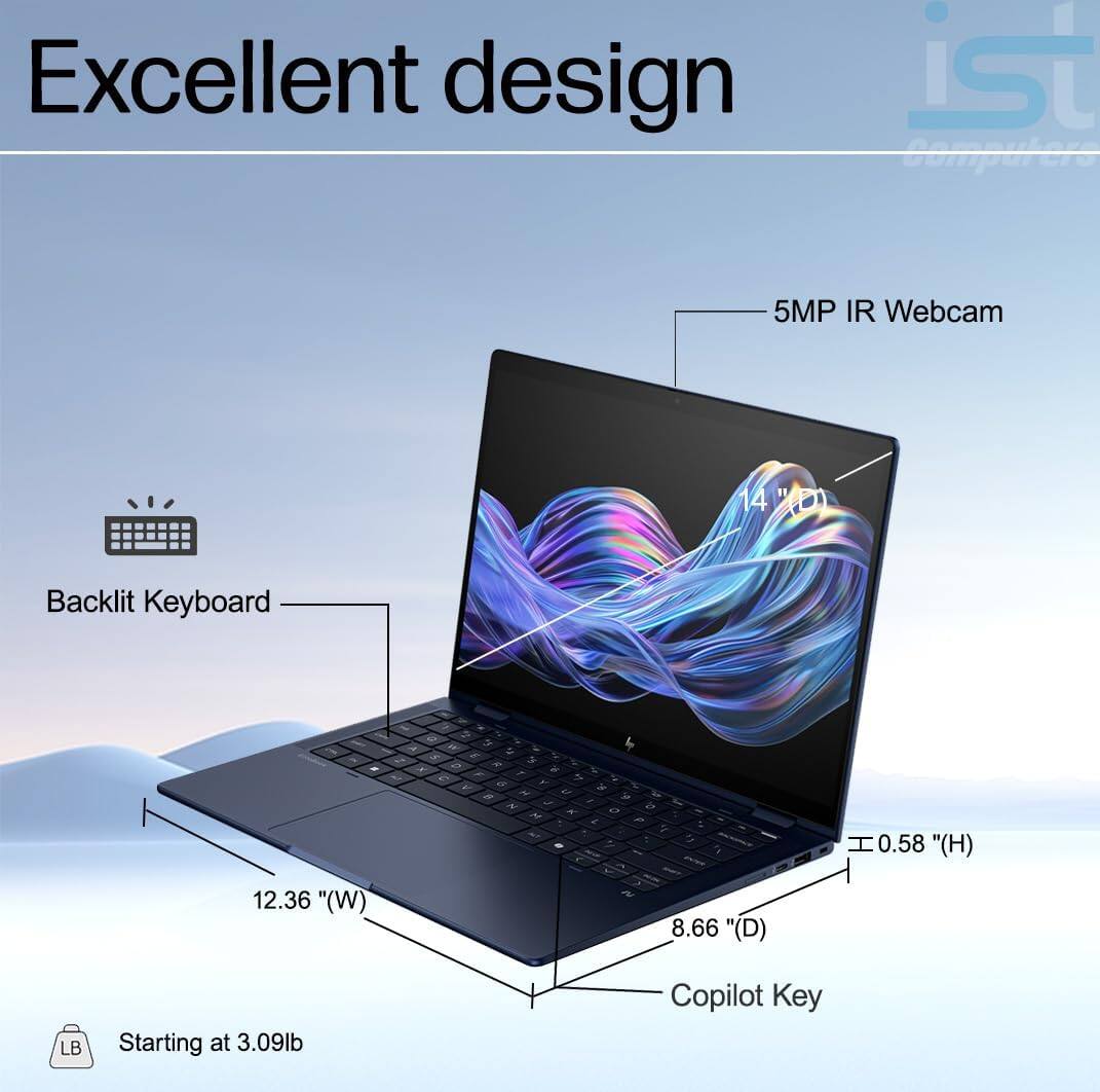 Excellent design  
iSt  
Computers  
5MP IR Webcam  
14"  
Backlit Keyboard  
0.58" (H)  
12.36" (W)  
8.66" (D)  
Starting at 3.09lb  
Copilot Key
