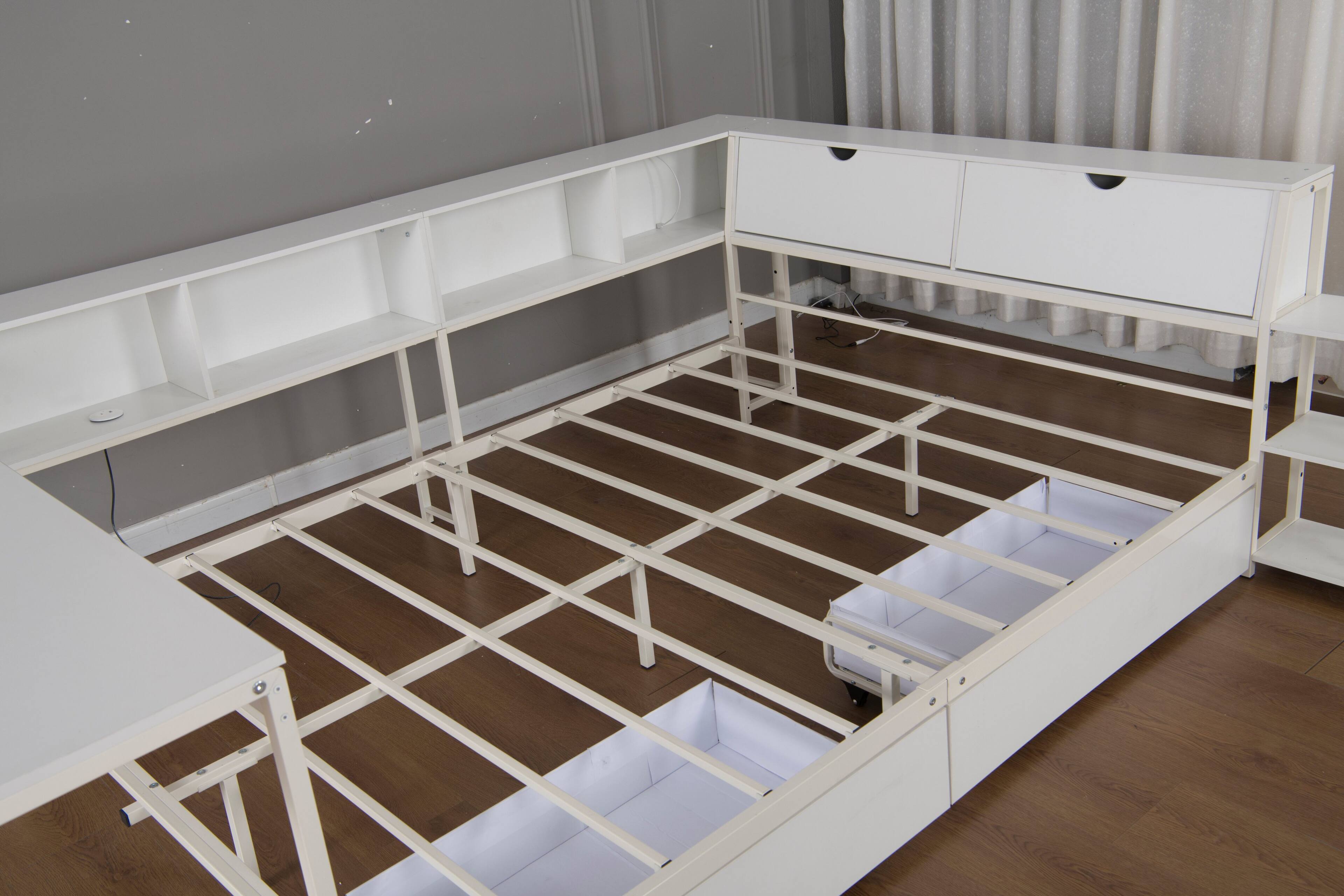 Alt View 2. LUCKY ONE - Twin Size Corner Bed Frame with Bookcase and 2 Underbed Storage Drawers - White.