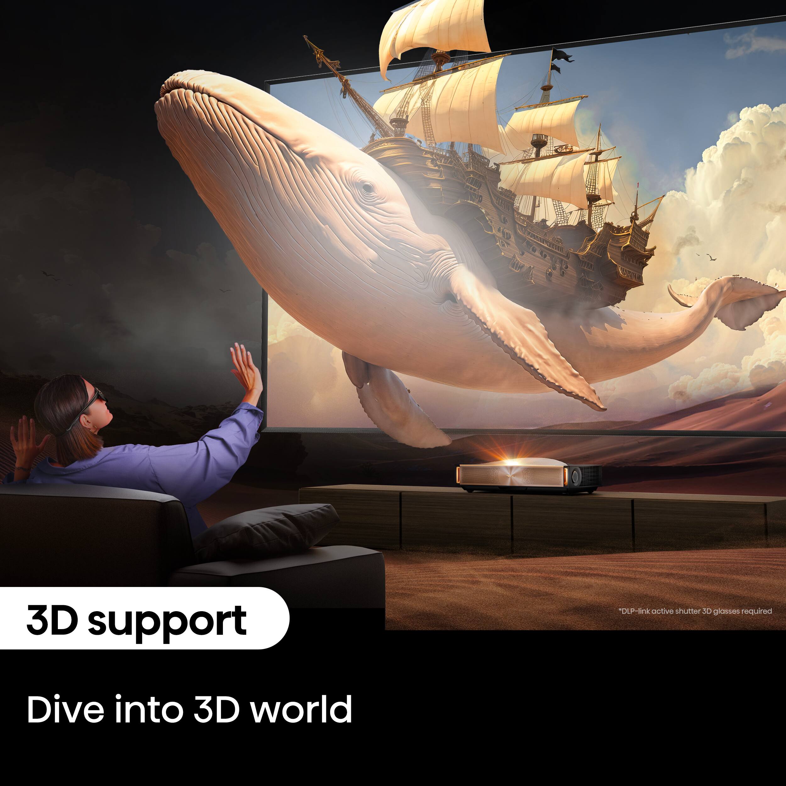 "3D support DLP-nko active shutter 30 glasses required Dive into 3D world."
