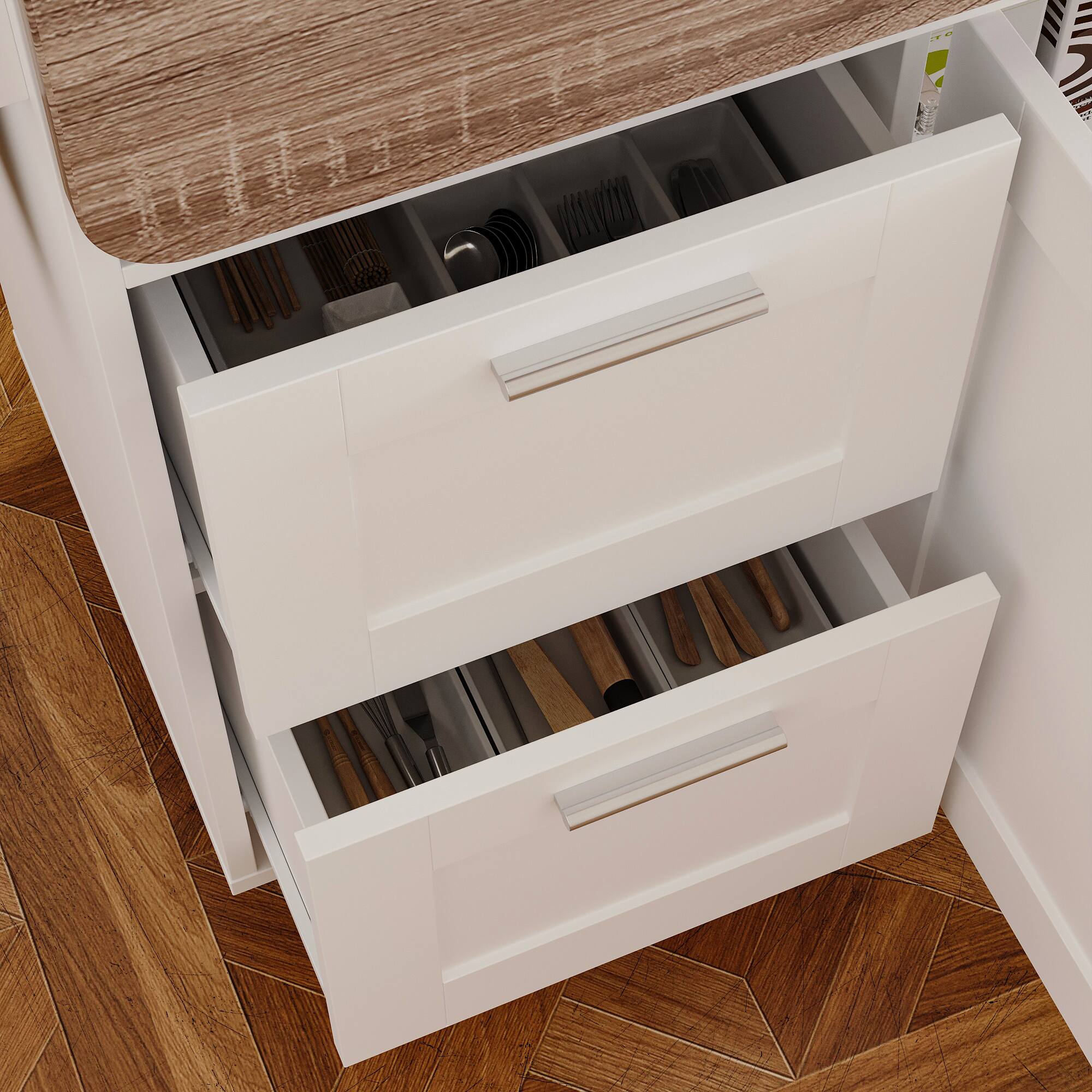 Alt View 7. FUFU & GAGA - Rolling Buffet Sideboard Cabinet with Expandable Countertop, Storage Shelves and Drawers for Kitchen and Dining Room - White & Wooden.