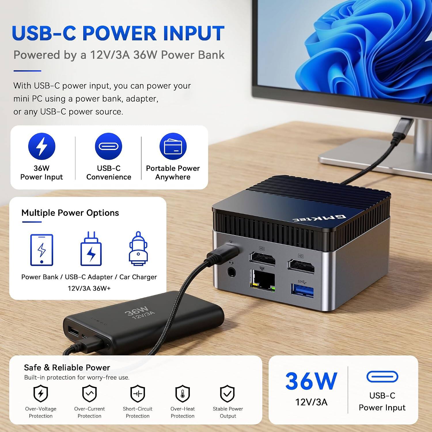 USB-C POWER INPUT  
Powered by a 12V/3A 36W Power Bank

With USB-C power input, you can power your mini PC using a power bank, adapter, or any USB-C power source.

36W Power Input  
USB-C Portable Power Convenience Anywhere  
Multiple Power Options  
GMKtec  
Power Bank/USB-C Adapter/Charger 12V/3A 36W+  
36W 12V/3A  

Safe & Reliable Power  
Built-in protection for worry-free use.  
Over-Voltage Protection  
Over-Current Protection  
Short-Circuit Protection  
Over-Heat Protection  
Stable Power Output  
36W USB-C 12V/3A Power Input