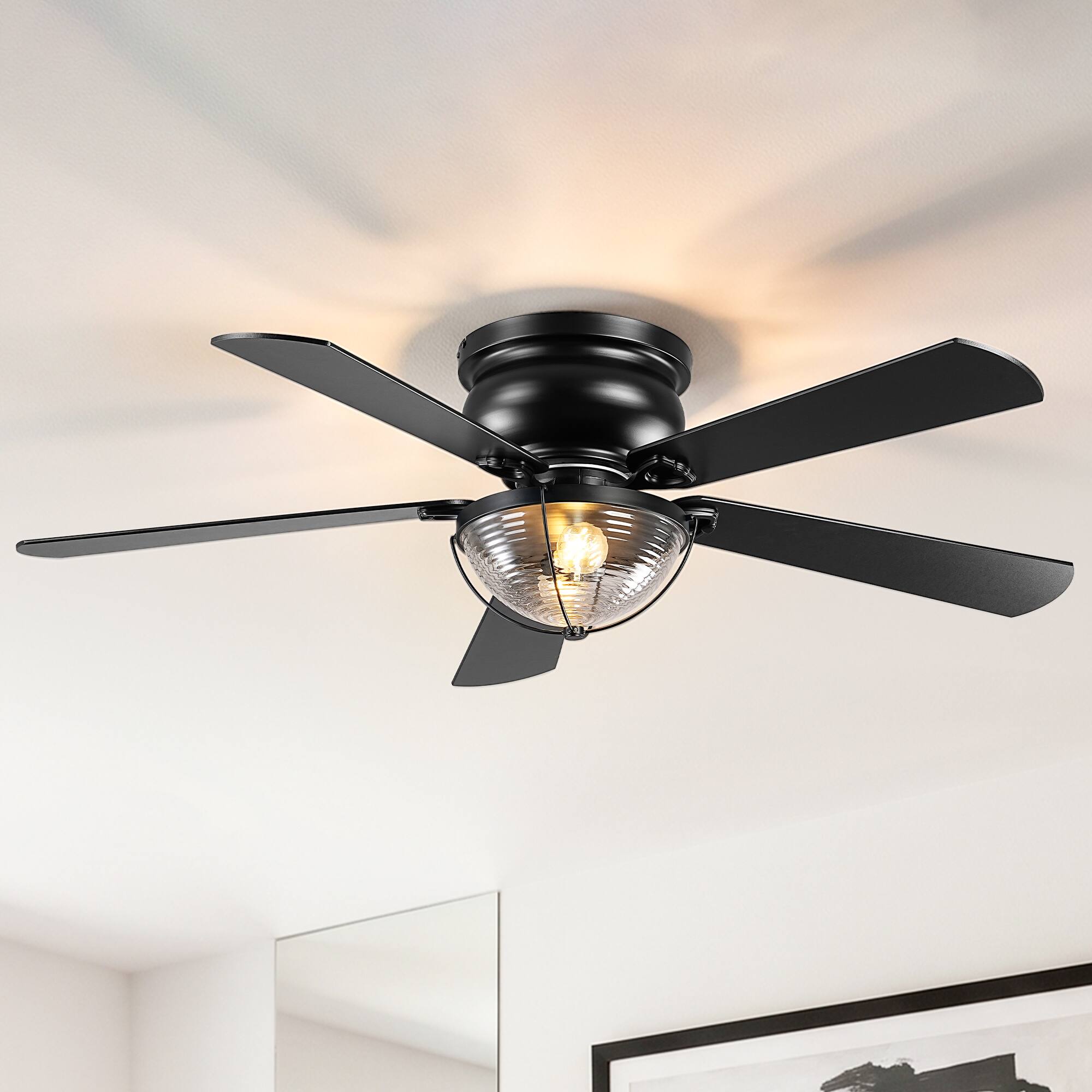 Front. Parrot Uncle - 52 Inch Modern Reversible 5 Blade DC Motor Flush Mount Ceiling Fan with Remote and Ribbed Glass Shade - Black.