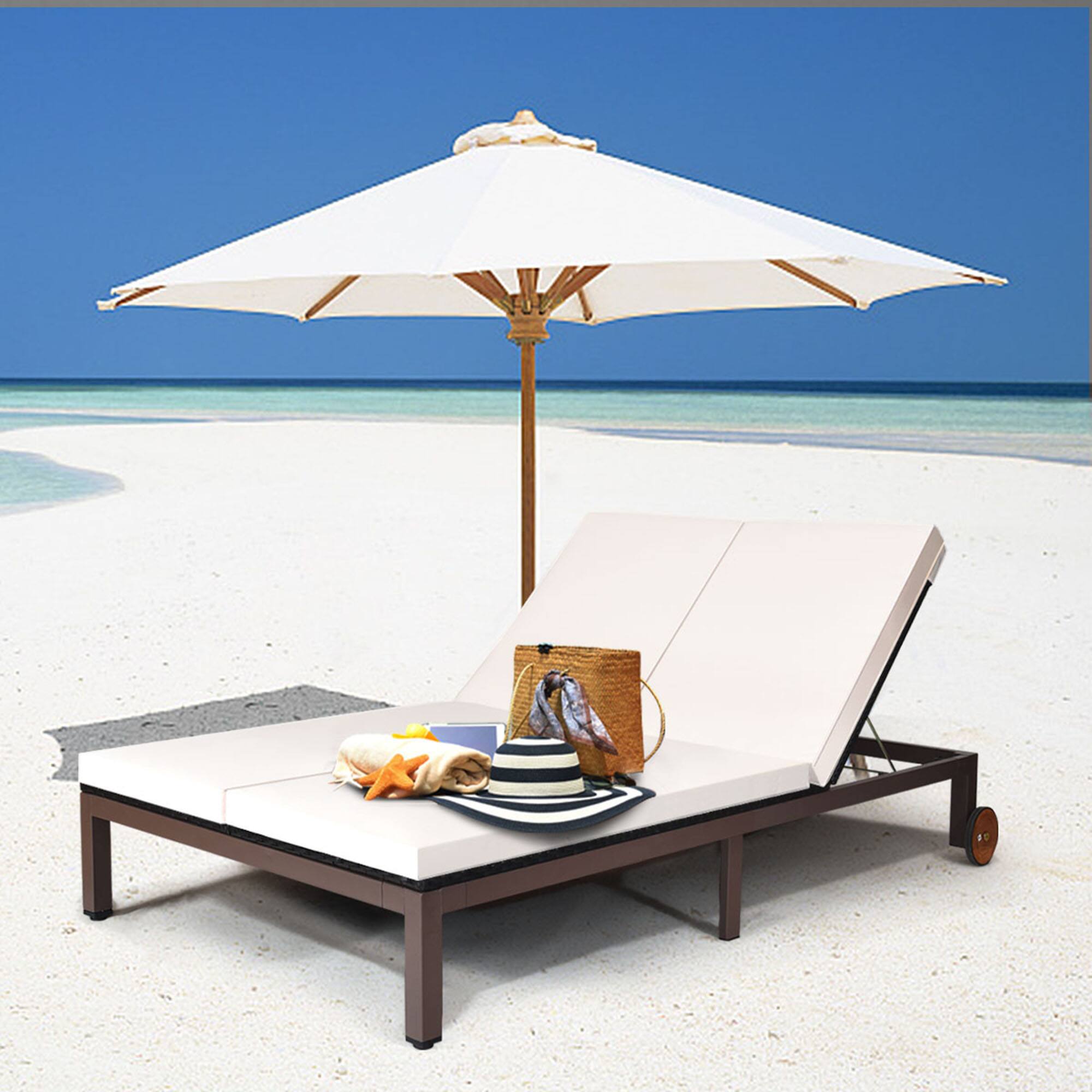 Alt View 3. Gymax - Gymax Adjustable Patio Rattan 2 Person Recliner Lounge Chair w/ Cushion Wheel - as pic.