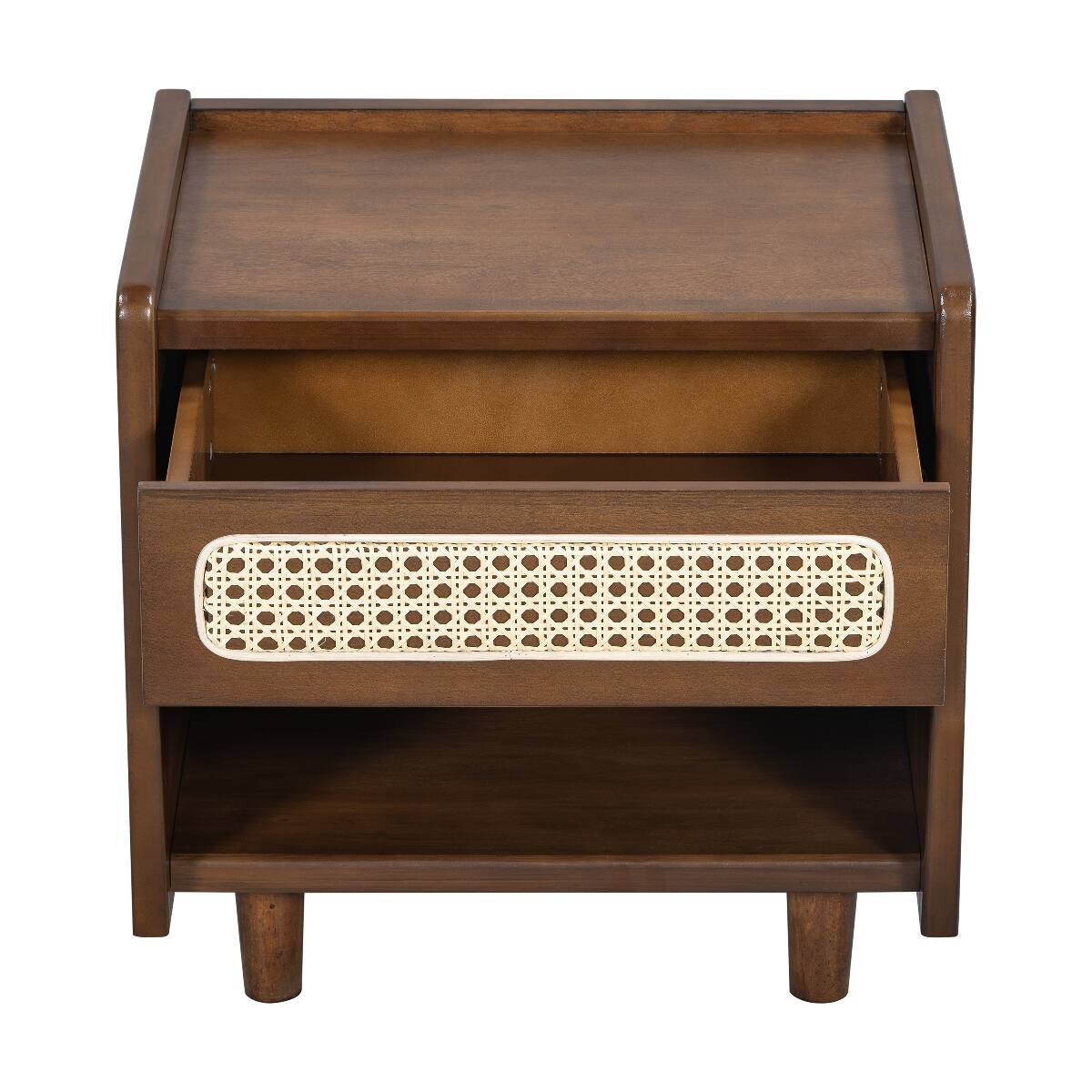 Alt View 2. Loheer - Loheer Walnut Nightstand with Rattan Detail, Open Shelf and Drawer, Modern Bedroom Storage - Walnut.