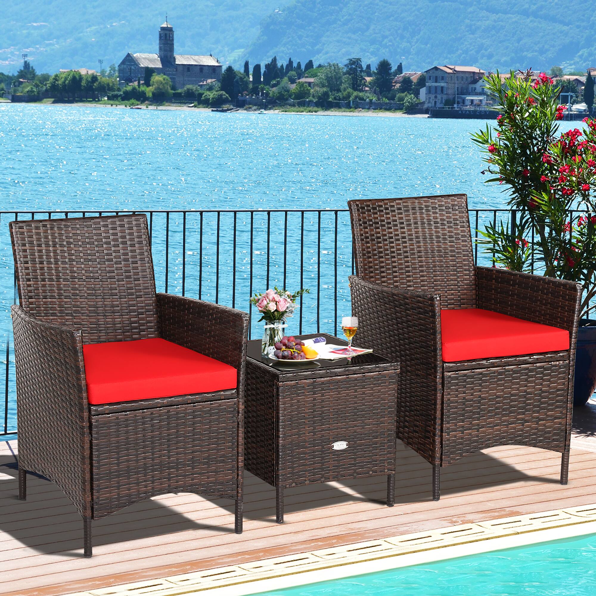 Alt View 4. Costway - 3PCS Patio Rattan Furniture Set Cushioned Sofa Glass Tabletop Deck - Red,Mix Brown.