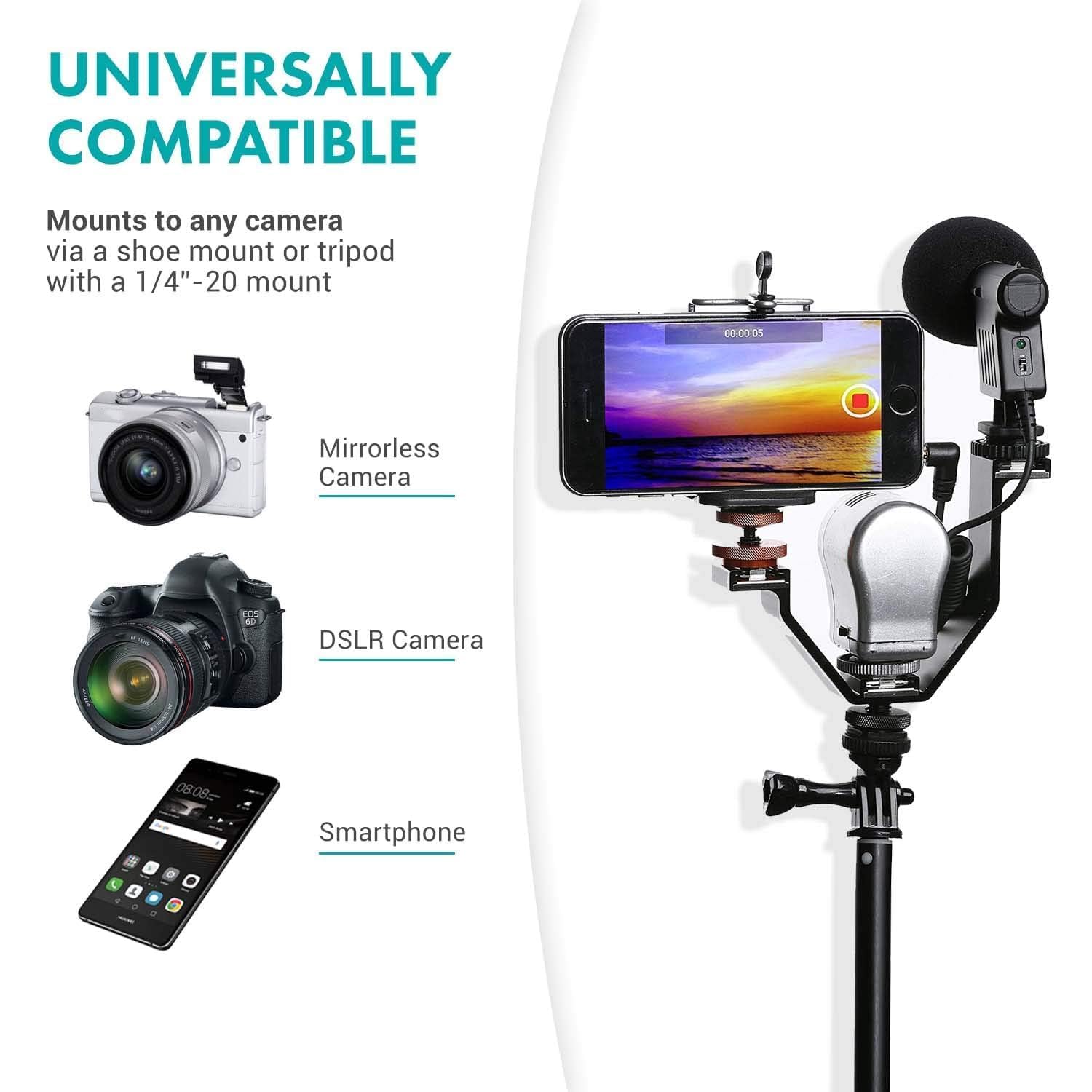 UNIVERSALLY COMPATIBLE

Mounts to any camera via a shoe mount or tripod with a 1/4"-20 mount

Mirrorless Camera

DSLR Camera

Smartphone