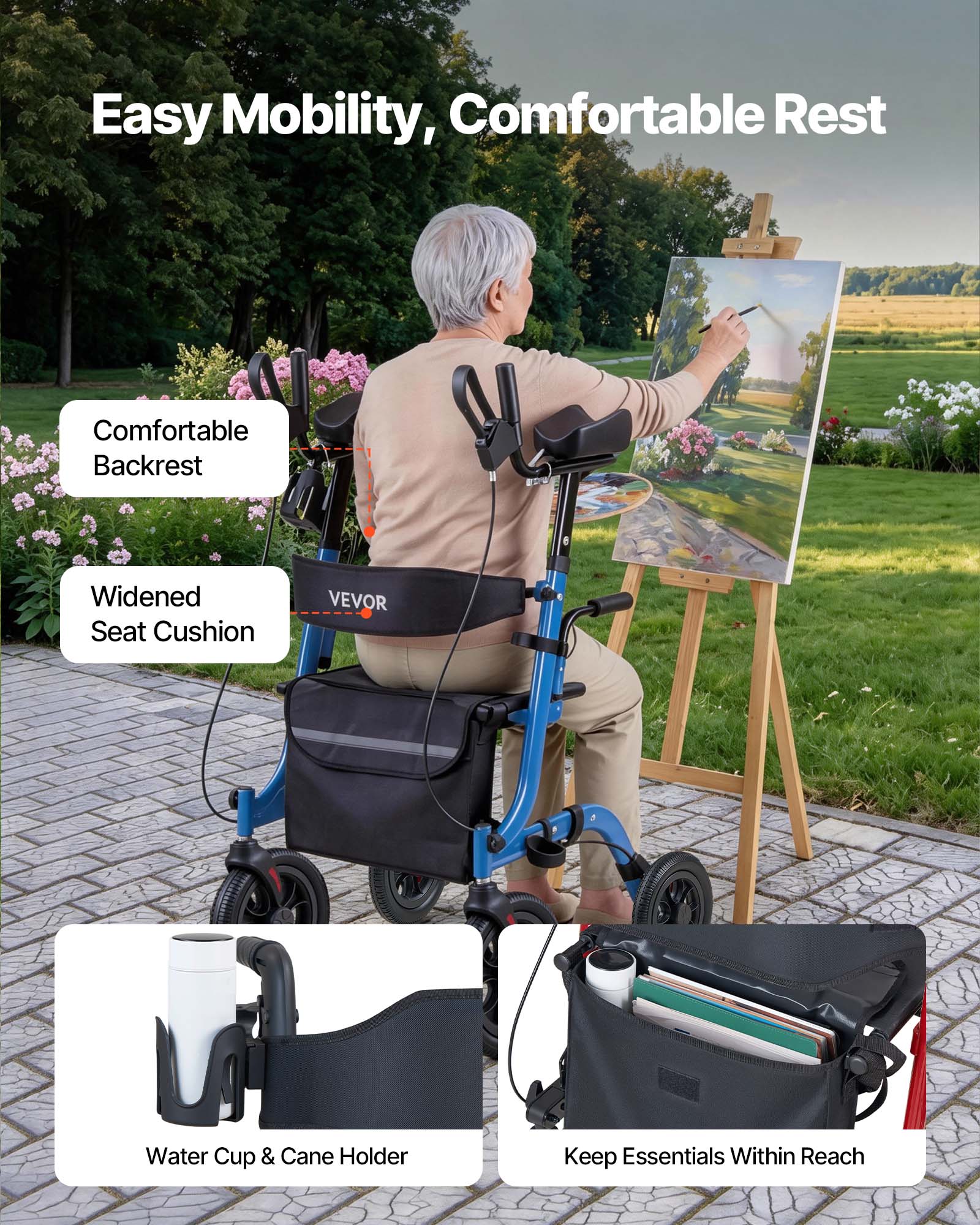 Easy Mobility, Comfortable Rest  
Comfortable Backrest  
Widened Seat Cushion  
Water Cup & Cane Holder  
Keep Essentials Within Reach