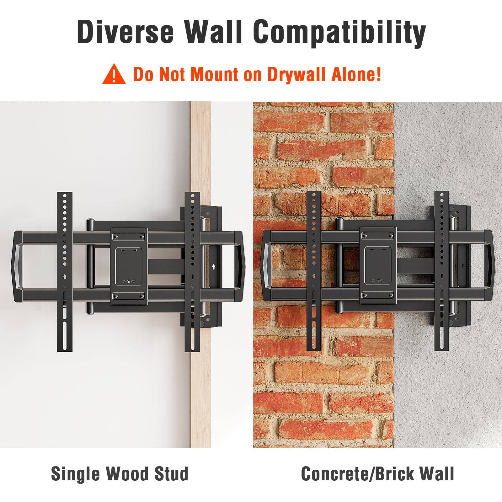 Diverse Wall Compatibility  
⚠️ Do Not Mount on Drywall Alone!  

Single Wood Stud  
Concrete/Brick Wall