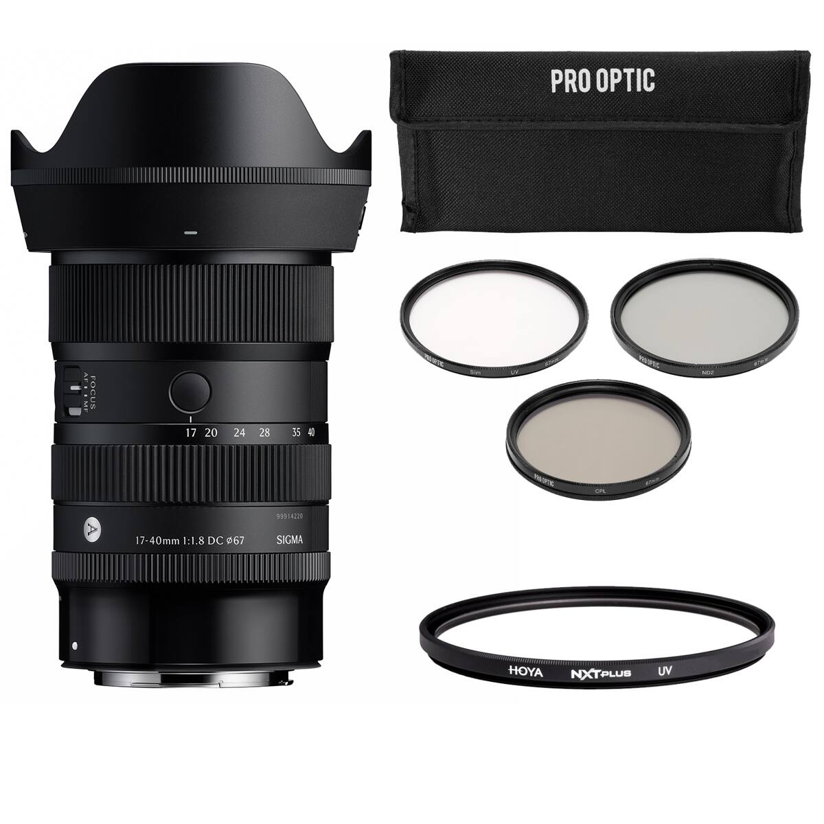 PRO OPTIC  
FOCUS  
17 20  
24  
28  
35 40  
PRO-OFFIC  
ON  
99914220  
17-40mm 1:1.8 DC 67  
SIGMA  
HOYA NXTPLUS  
UV