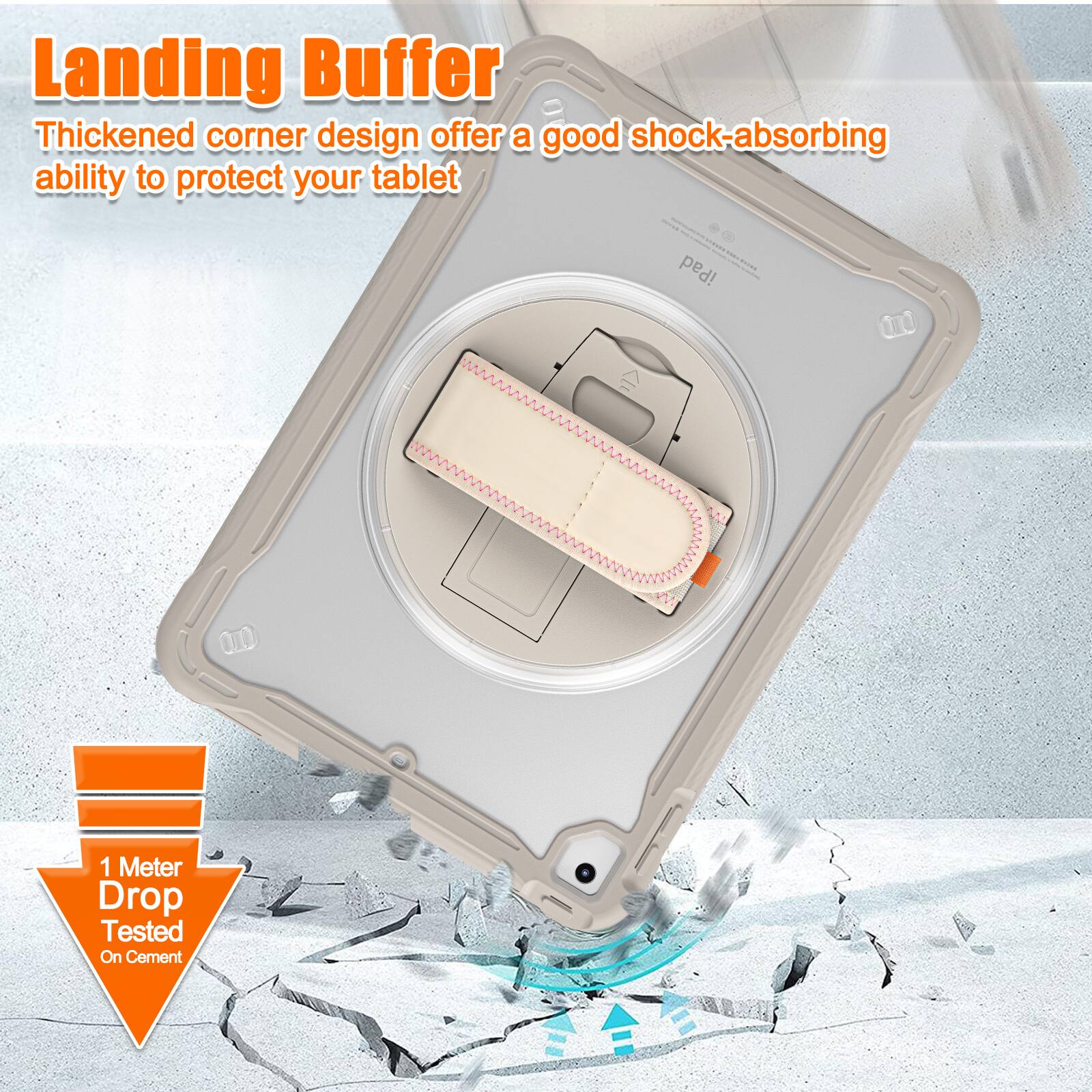 Landing Buffer  
Thickened corner design offers a good shock-absorbing ability to protect your tablet - iPad  
1 Meter Drop Tested On Cement