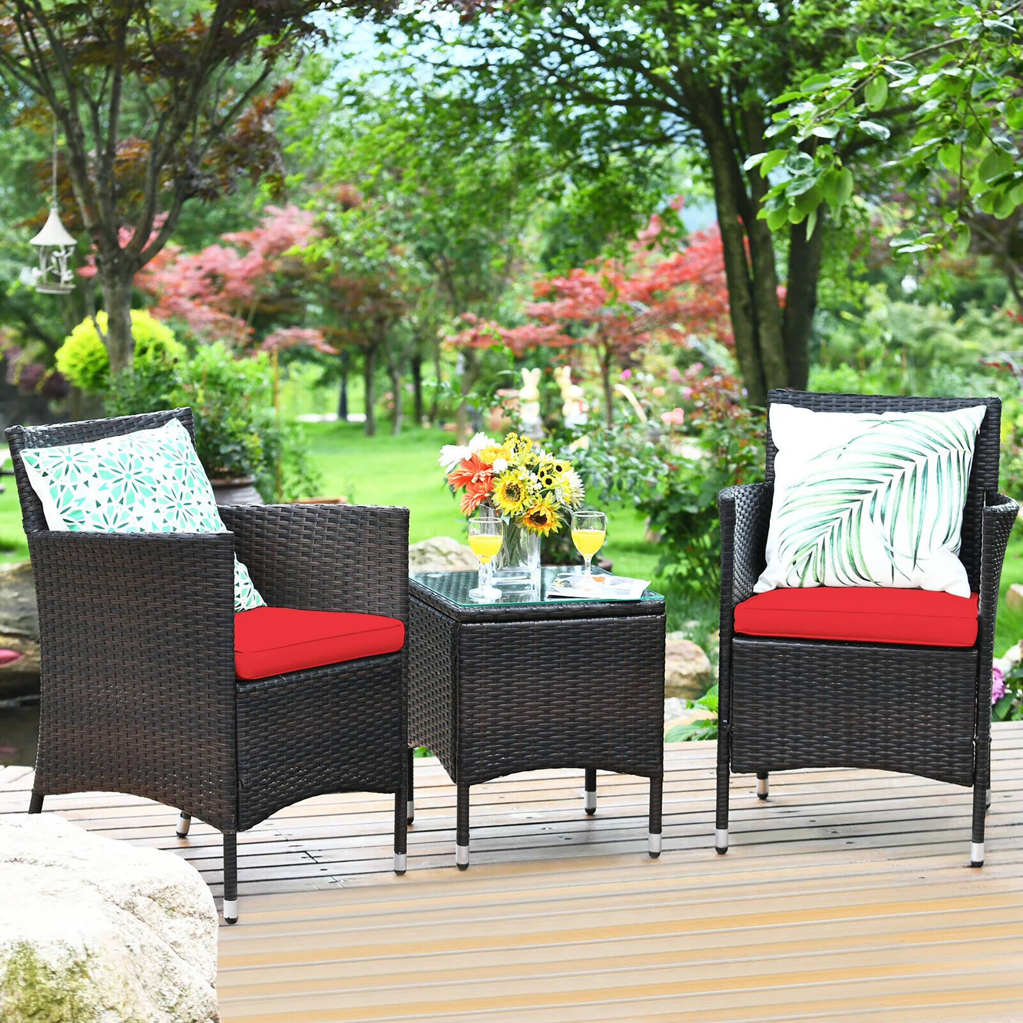 Alt View 3. Costway - Outdoor 3 PCS PE Rattan Wicker Furniture Sets Chairs  Coffee Table Garden - Red.
