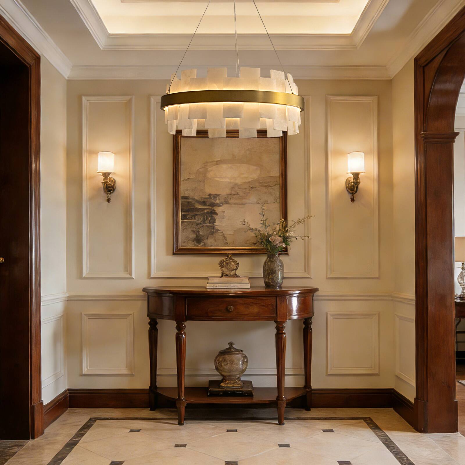 Alt View 2. Siljoy - 23.6-In Modern Alabaster LED Chandelier, Brass Frame Dimmable Light for Dining Room Living Room Kitchen Island Foyer - Gold Brass.