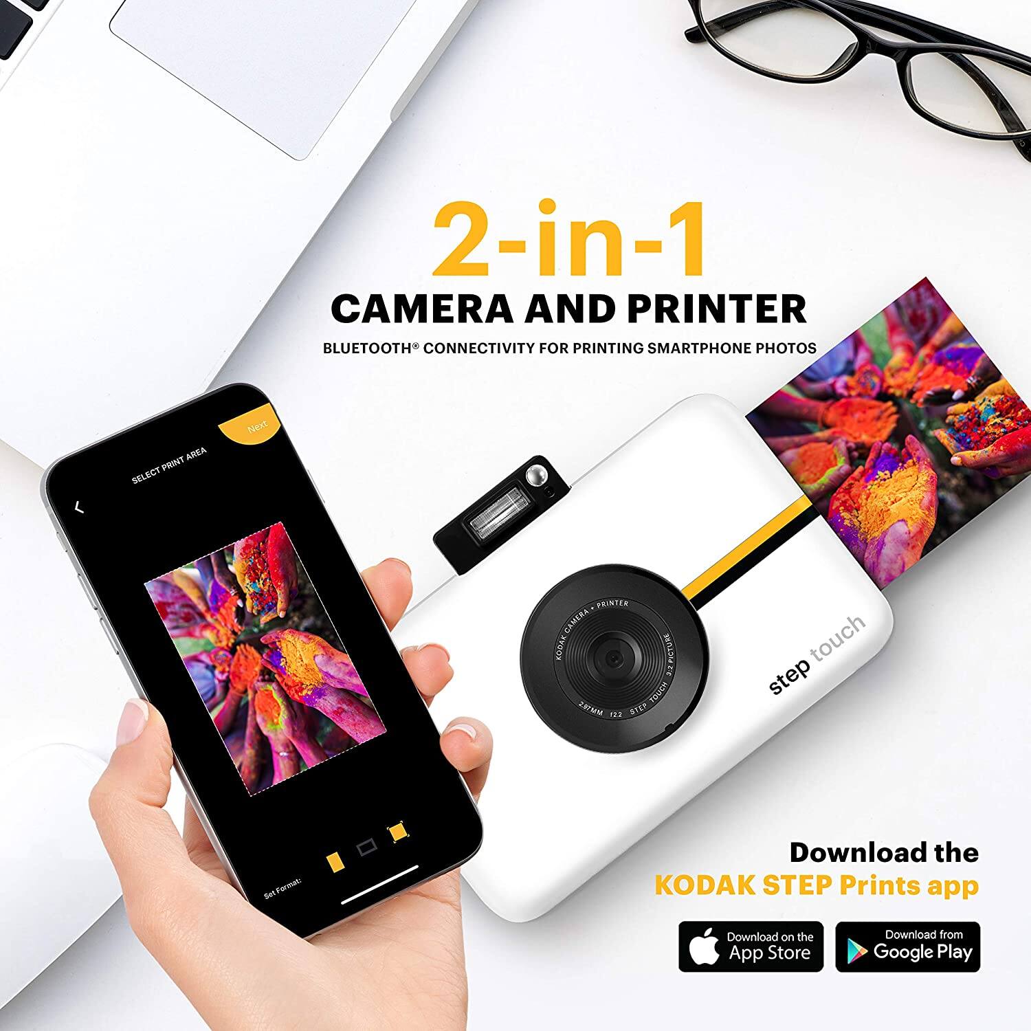 2-in-1 CAMERA AND PRINTER  
BLUETOOTH CONNECTIVITY FOR PRINTING SMARTPHONE PHOTOS  

SELECT PRINT AREA  
NEXT  

Download the KODAK STEP Prints app  
Download on the App Store  
Download from Google Play