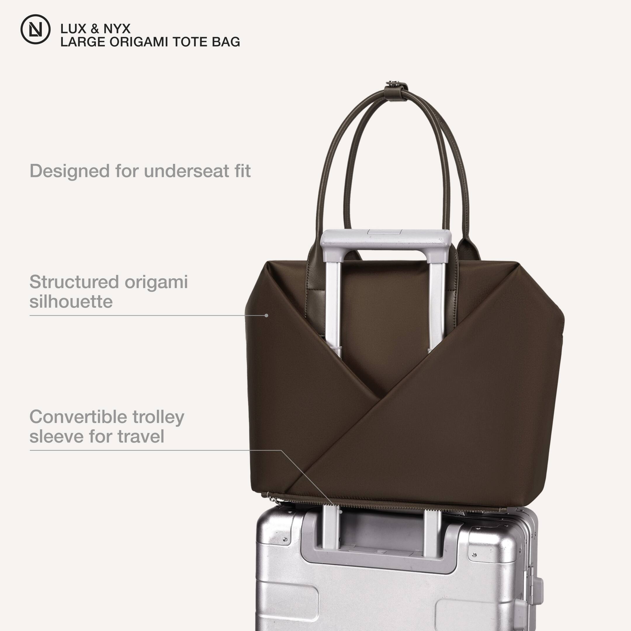 LUX & NYX LARGE ORIGAMI TOTE BAG

- Designed for underseat fit
- Structured origami silhouette
- Convertible trolley sleeve for travel