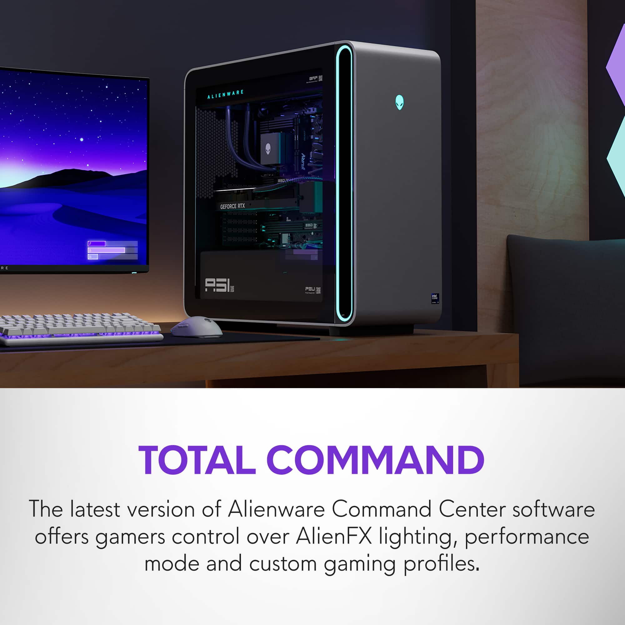 The latest version of Alienware Command Center software offers gamers control over AlienFX lighting, performance mode, and custom gaming profiles.