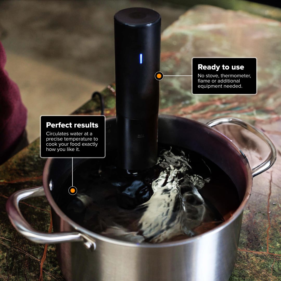 The text on the image reads: "Ready to use. No stove, thermometer, flame or additional equipment needed. Perfect results. Circulates water at a precise temperature to cook your food exactly how you like it."