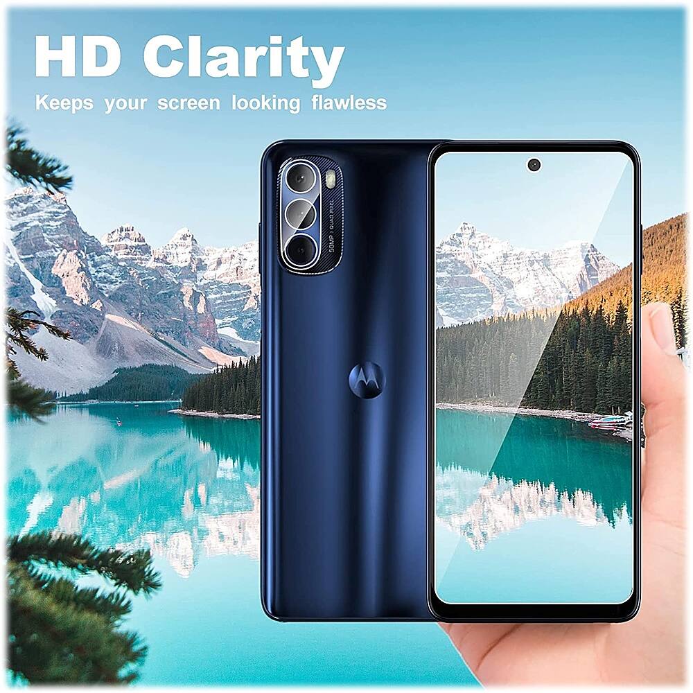 The image features a blue cell phone with a large screen, which is being held up by a hand. The phone is described as having "HD clarity," which suggests that it provides high-quality visuals and a flawless display. The phone's screen is also described as "large," indicating that it offers an ample viewing area for users. Overall, the image showcases the phone's impressive display and its ability to provide a clear and unblemished viewing experience.