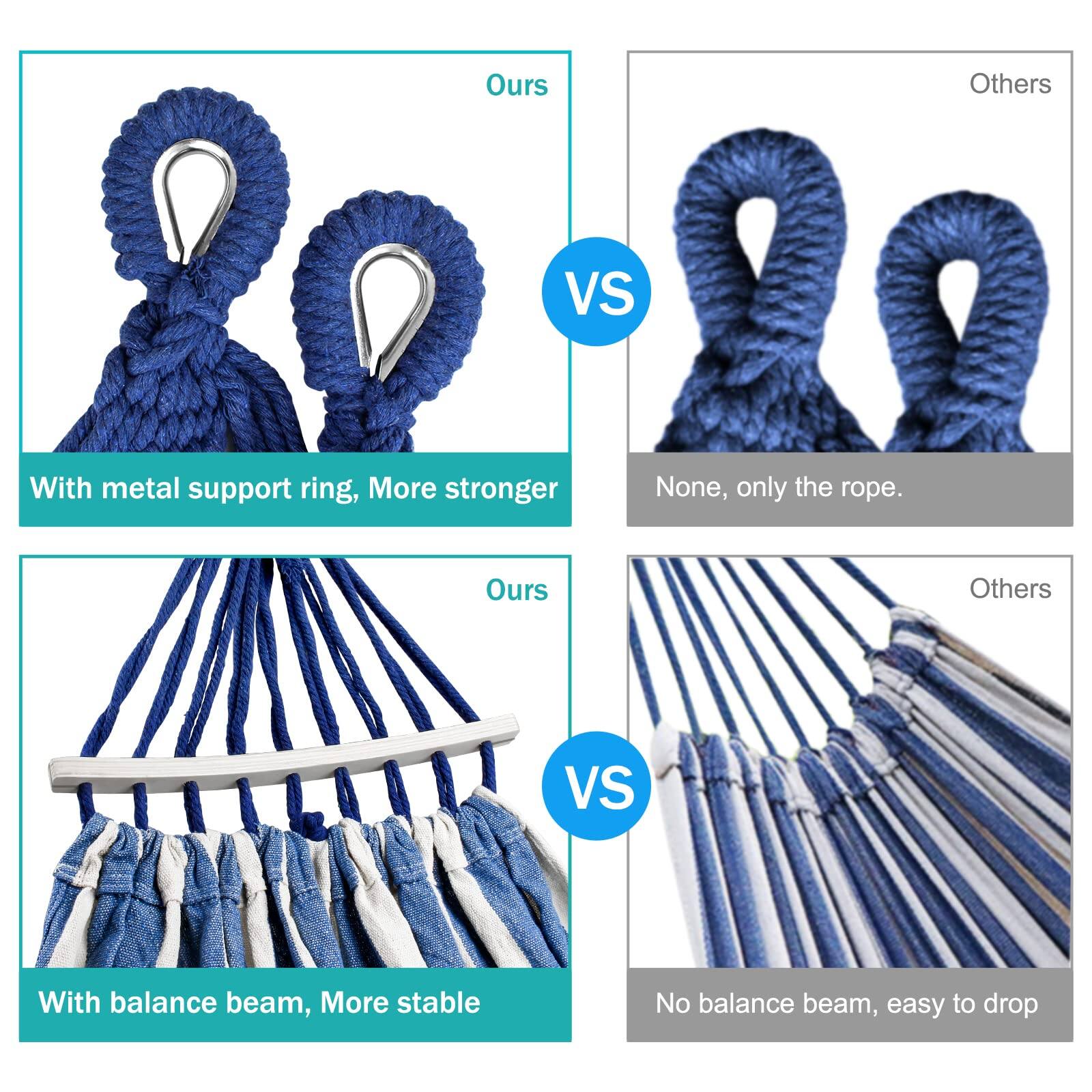 **Top Section:**

- **Ours:** With metal support ring, More stronger
- **Others:** None, only the rope.

**Bottom Section:**

- **Ours:** With balance beam, More stable
- **Others:** No balance beam, easy to drop