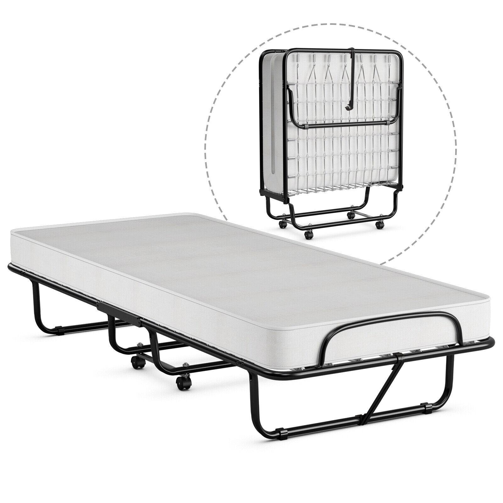 Gymax - Rollaway Folding Metal Bed Memory Foam Mattress Cot Guest Made in Italy - White