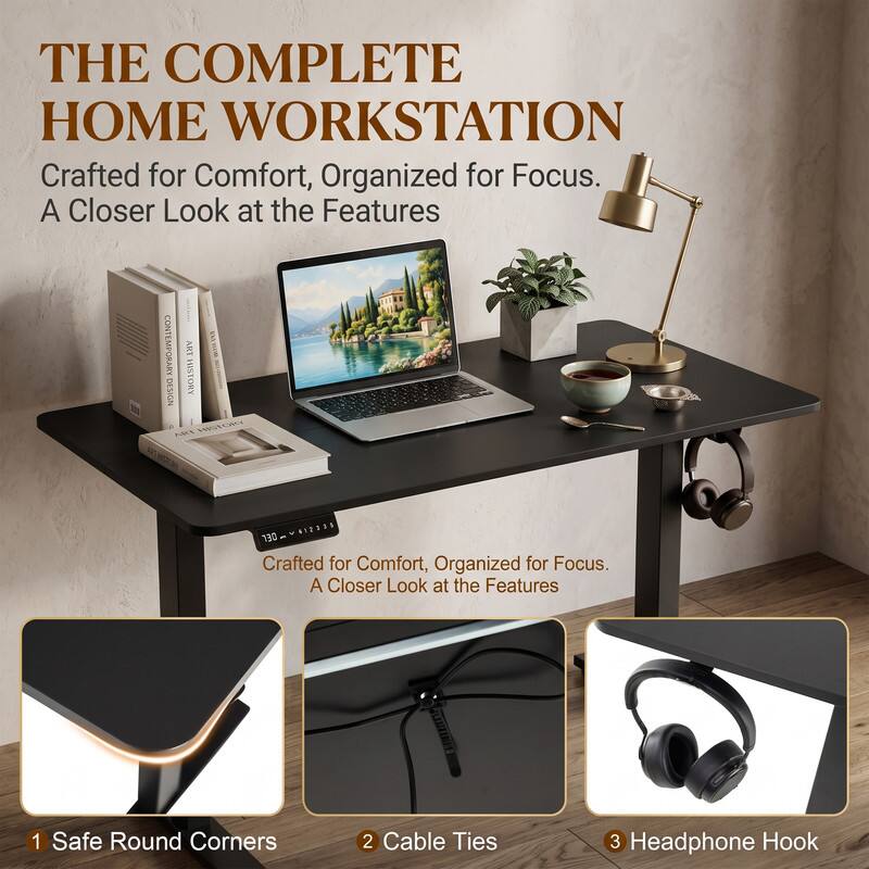 THE COMPLETE HOME WORKSTATION  
Crafted for Comfort, Organized for Focus.  
A Closer Look at the Features  

1. Safe Round Corners  
2. Cable Ties  
3. Headphone Hook
